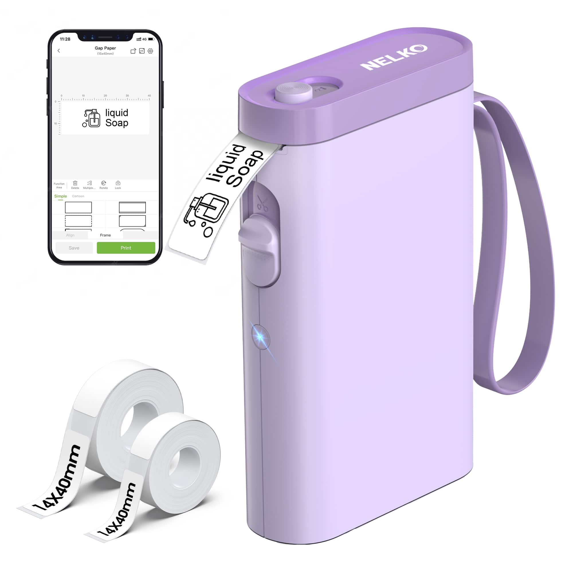 Nelko - P21 Bluetooth Thermal Label Printer + 14*40 100pcs roll + 14*40 180pcs roll - Purple