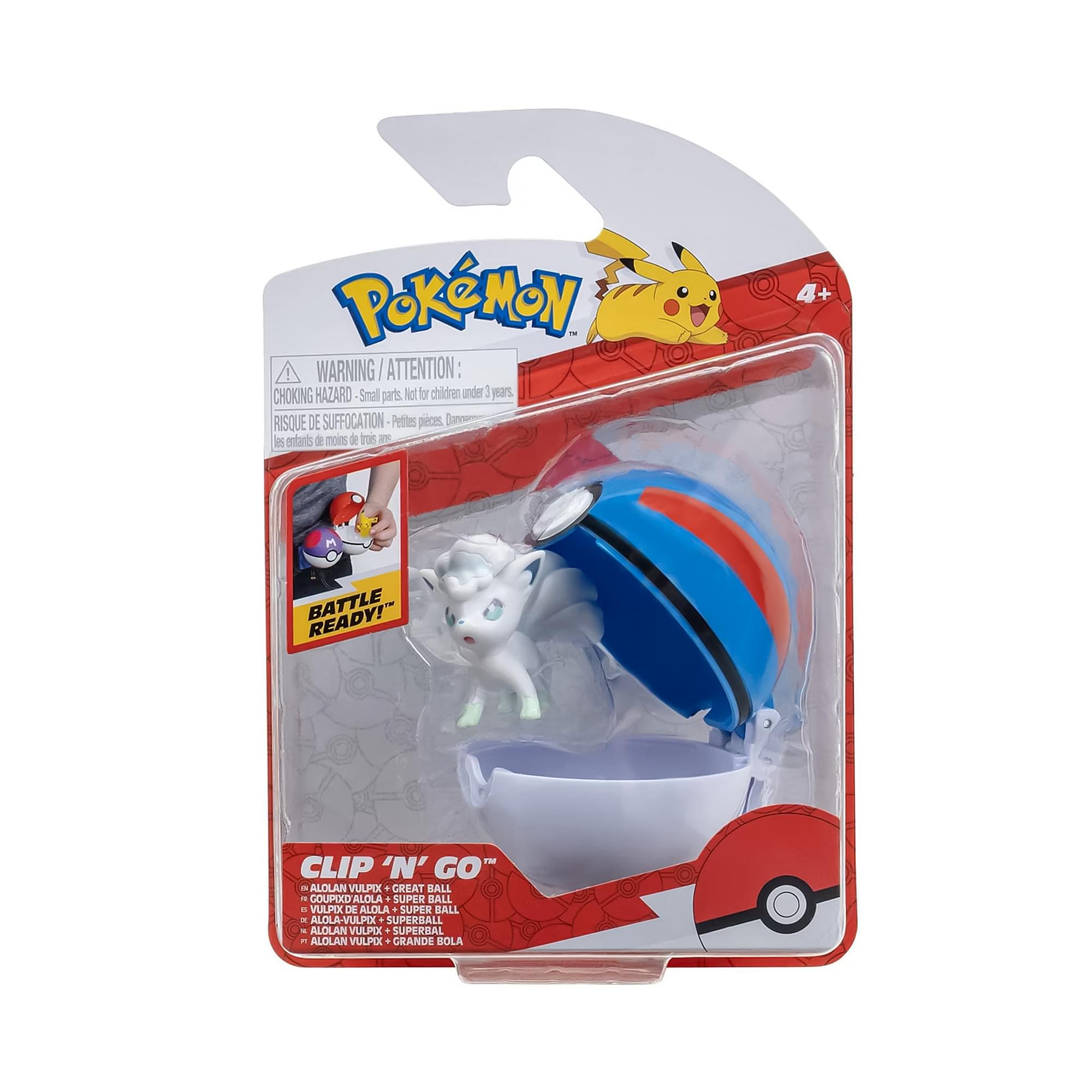 POKÉMON - WARNING/ ATTENTION | CHOKING HAZARD - Small parts. Not for children under 3 years. RISQUE DE SUFFOCATION - Petites pièces. Danger pour les enfants de moins de 3 ans. BY 4+ BATTLE READY! CLIP 'N' GO - ALOLAN VULPIX - GREAT BALL - VULPIX DE ALOLA - SUPER BALL - ALOLA-VULPIX - SUPERBALL - ALOLAN VULPIX - SUPERBAL - ALOLAN VULPOL - GRANDE SOLA