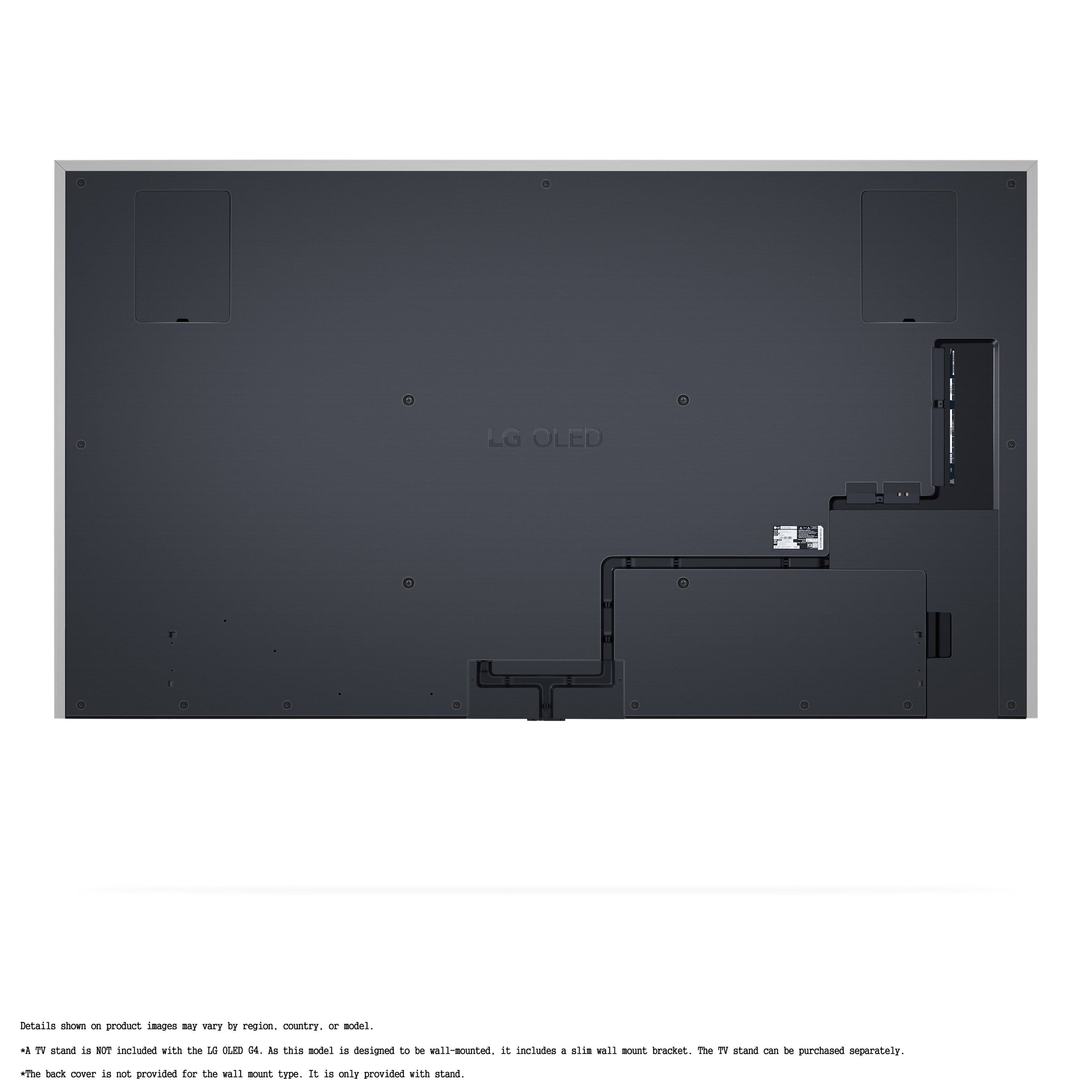LG OLED Details show - product features BT EBIT b region. country X acdet + TE stand is BOT incbaded. With the 5 oLD dE A this model is designed to be wall-mounted. It includes 4 slie wsll sout bracket. The TV stand an te purchased separately. The beck cover is not provided for the wsll soun trpe. IS ie only provided with stand.