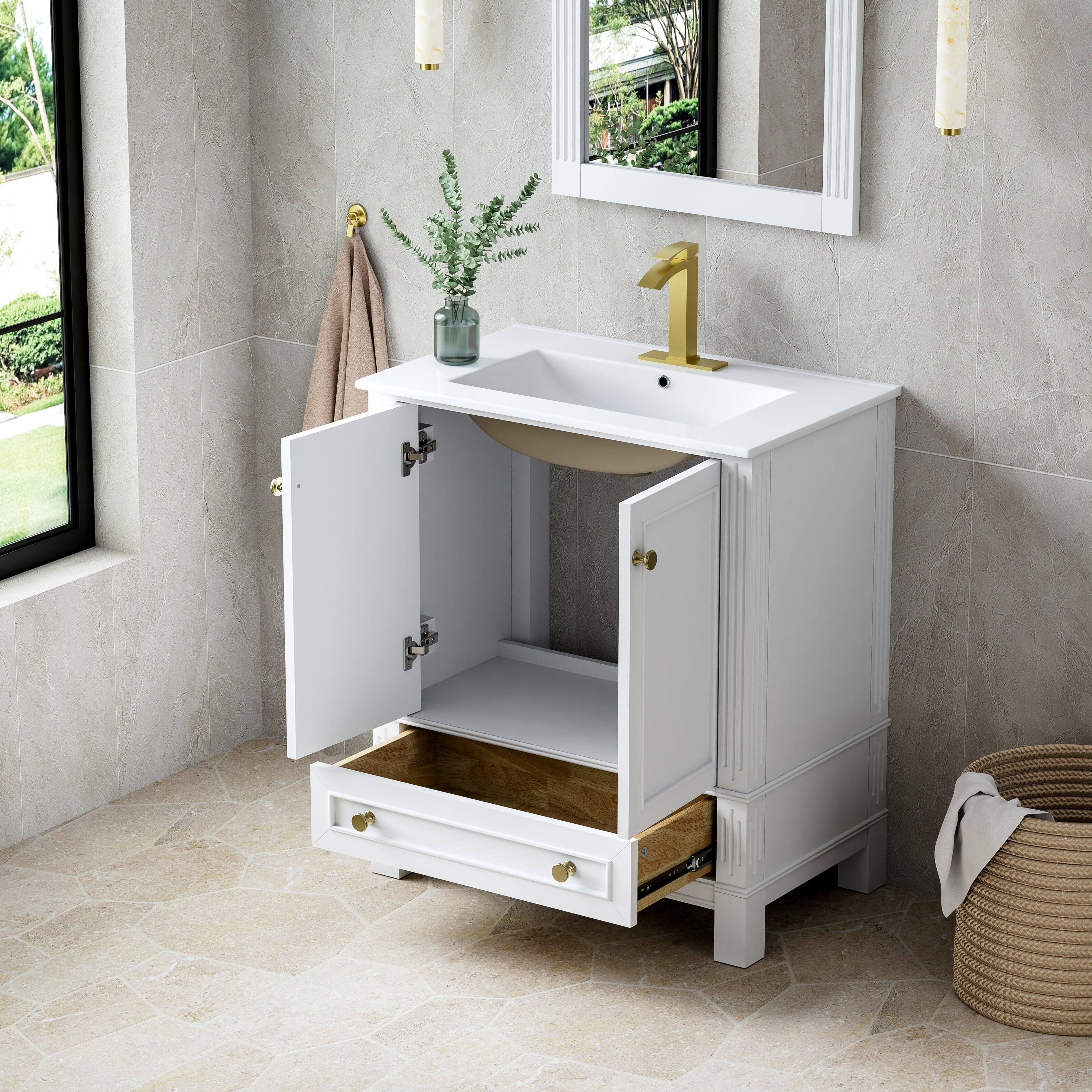 Back. WELLFOR - DURA 30 in. Solid Wood Bath Vanity with Countertop Basin, Single Sink - White.