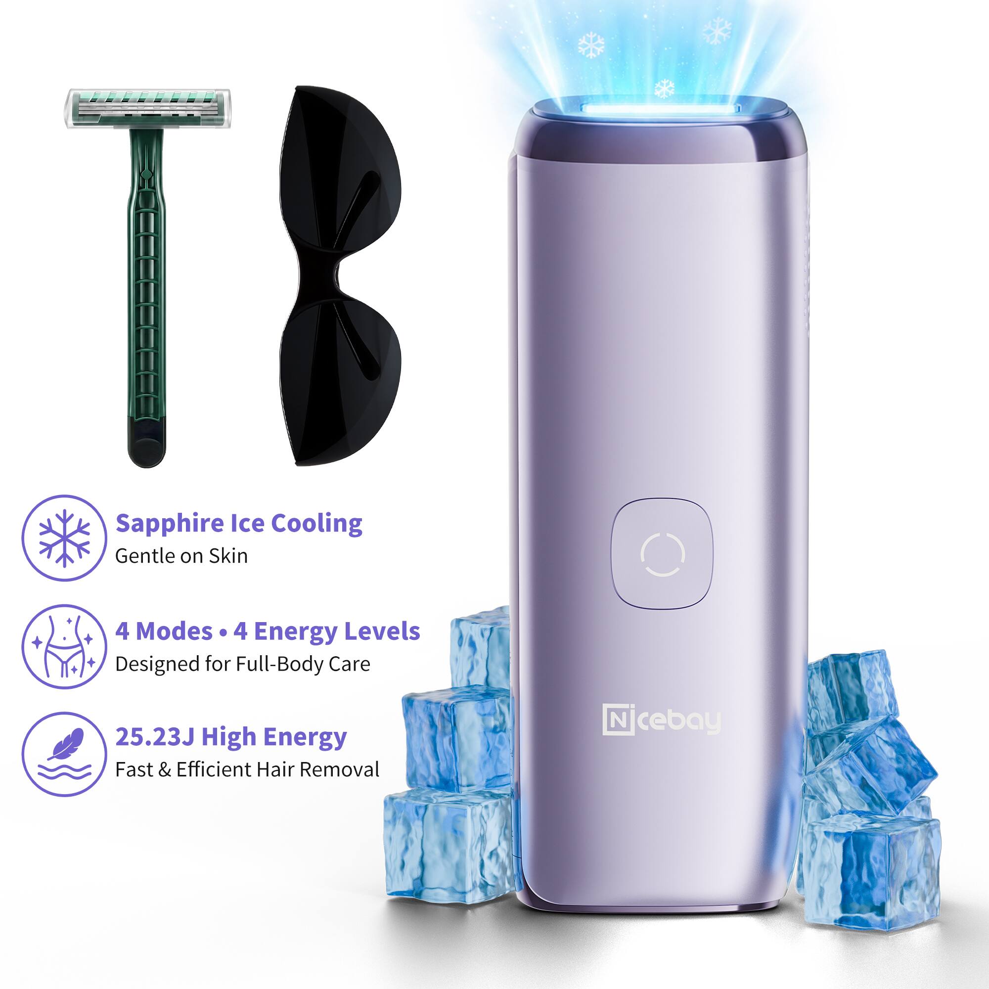 Sapphire Ice Cooling Gentle on Skin  
4 Modes • 4 Energy Levels  
Designed for Full-Body Care  
25.23J High Energy  
Fast & Efficient Hair Removal  
Nicebay