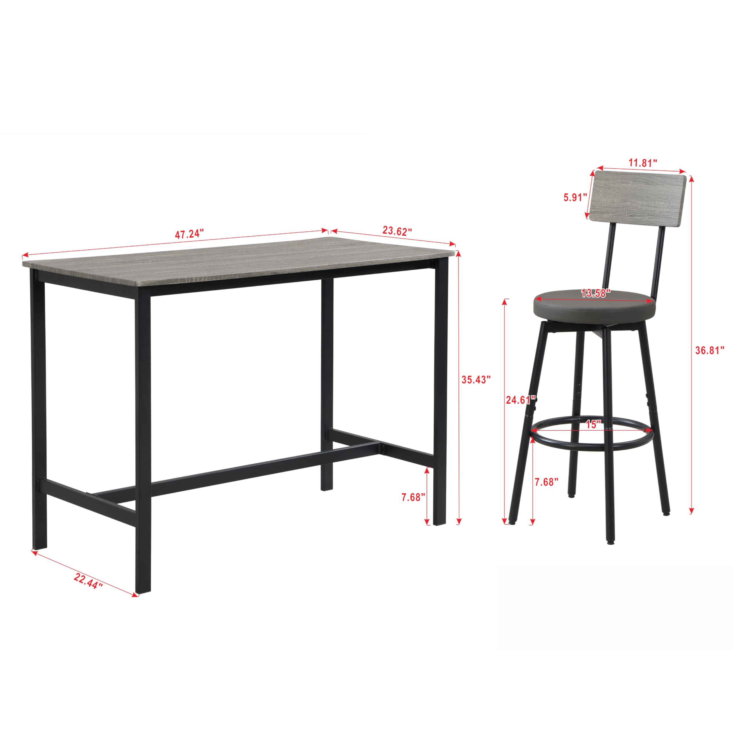 - Table:
  - Length: 47.24"
  - Width: 23.62"
  - Height: 35.43"
  - Leg Height: 7.68"
  - Leg Width: 22.44"

- Chair:
  - Seat Height: 24.61"
  - Seat Depth: 15"
  - Back Height: 36.81"
  - Back Width: 11.81"
  - Back Height from Seat: 5.91"
  - Seat Diameter: 13.58"