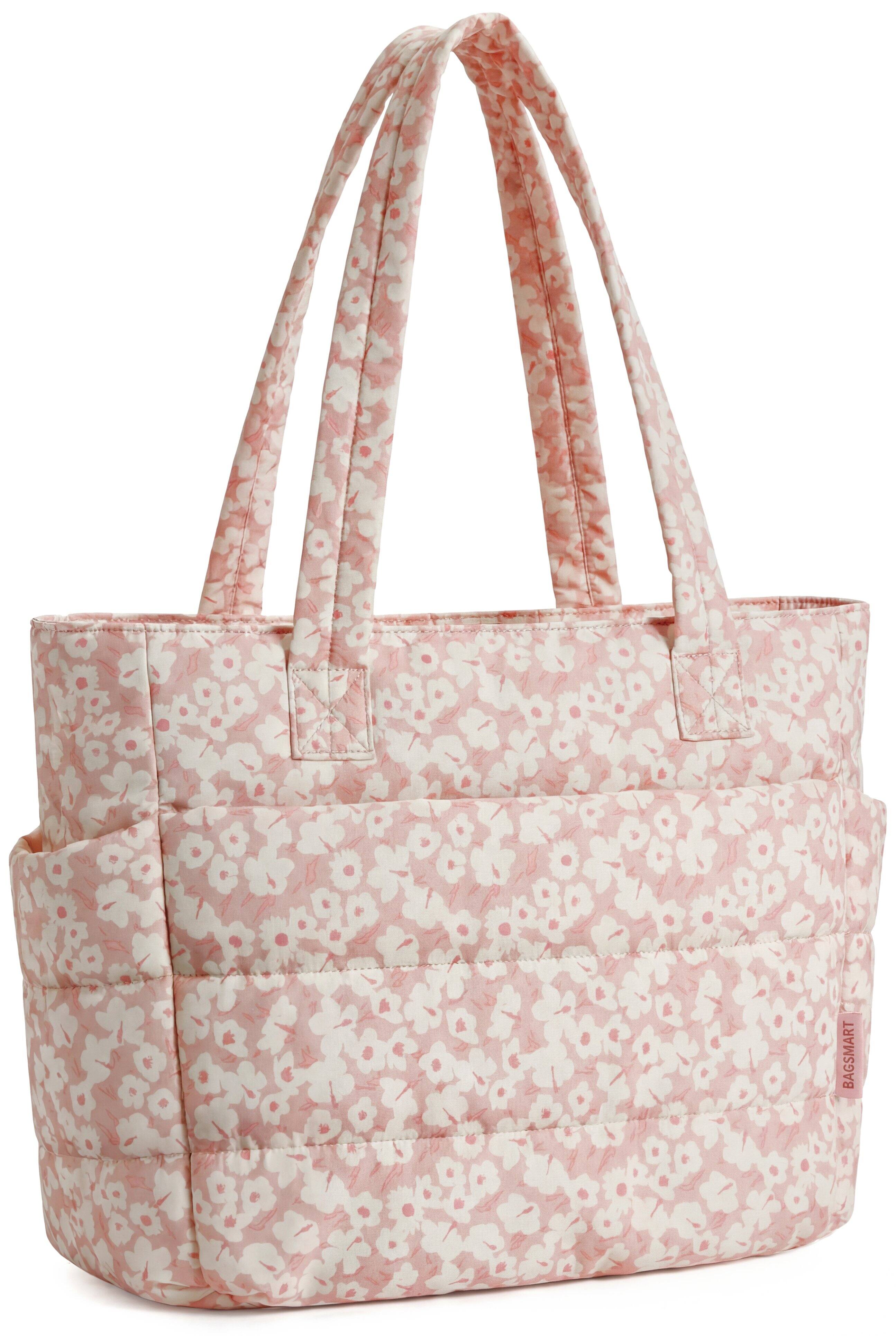 Angle. Bagsmart - Puffer 18L Medium Tote, Water-Resistant Floral Tote with 14" Laptop Compartment for Commute & Travel - Pink Floral.
