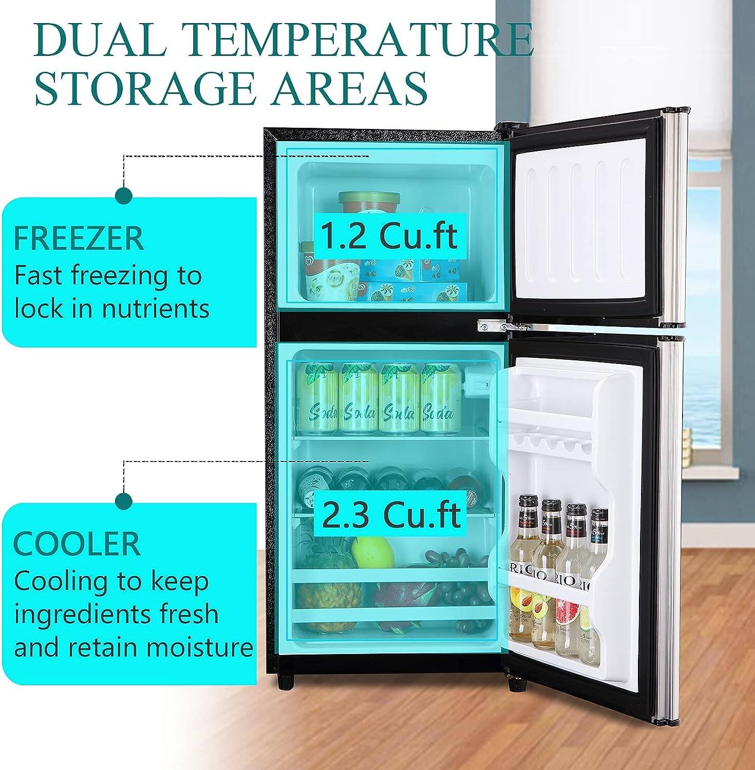 DUAL TEMPERATURE STORAGE AREAS

FREEZER
Fast freezing to lock in nutrients
1.2 Cu.ft

COOLER
Cooling to keep ingredients fresh and retain moisture
2.3 Cu.ft