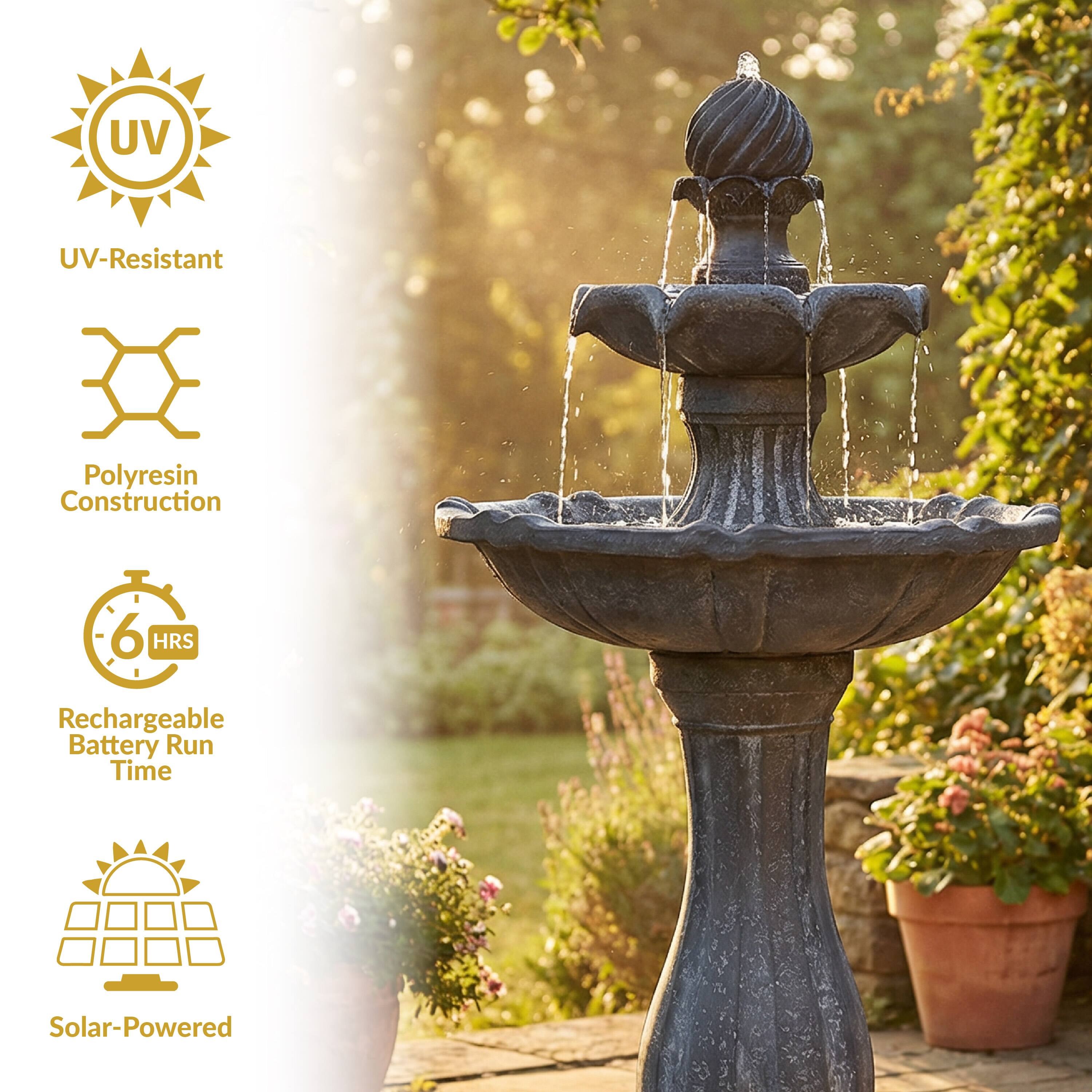 UV-Resistant  
Polyresin Construction  
6 HRS Rechargeable Battery Run Time  
Solar-Powered