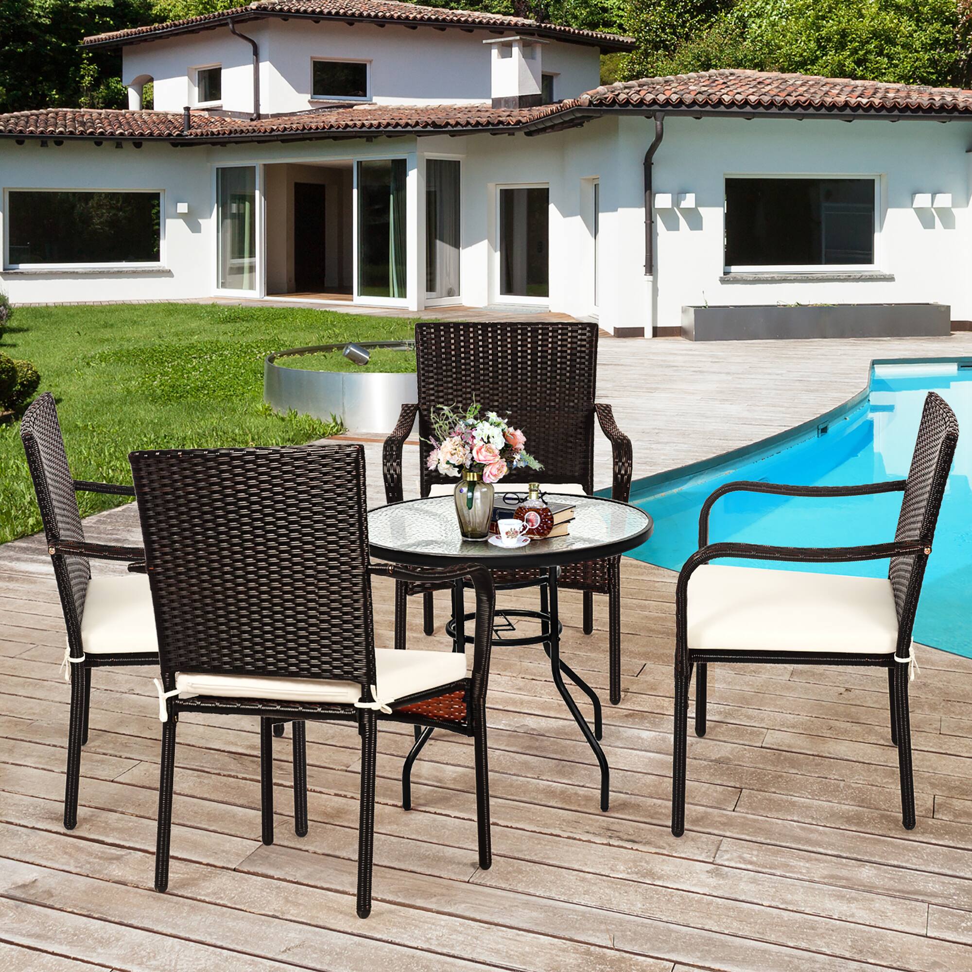 Alt View 4. Costway - Costway Set of 4 Patio Rattan Dining Chair Stackable Cushioned Armrest Garden - Brown,Beige.