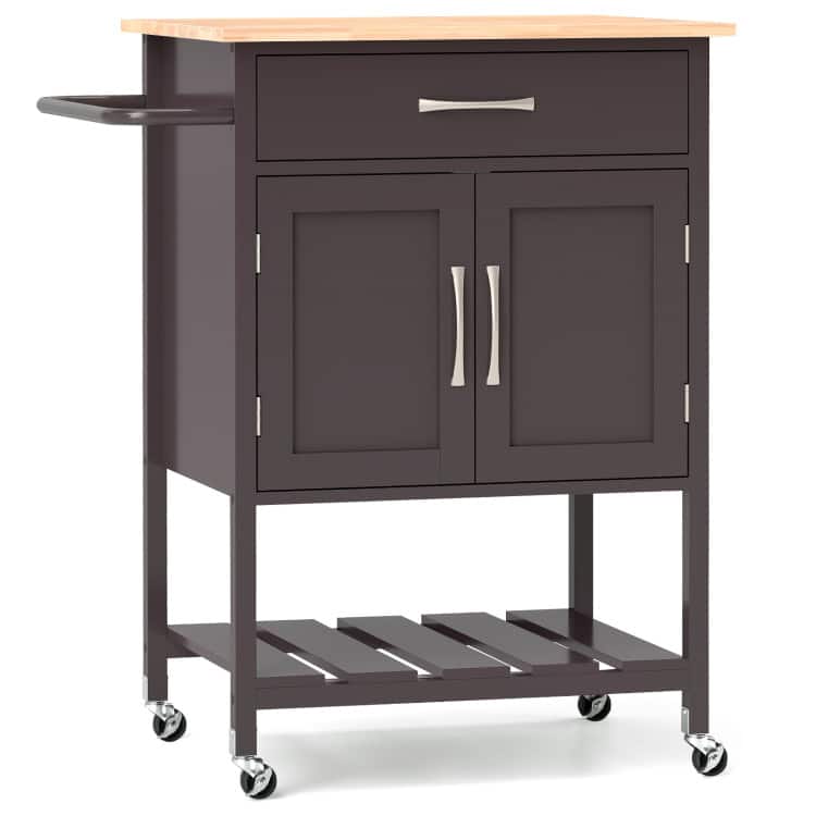 SlickBlue - Rolling Kitchen Island Cart with Drawer, Towel Rack, and Storage Shelves - Brown