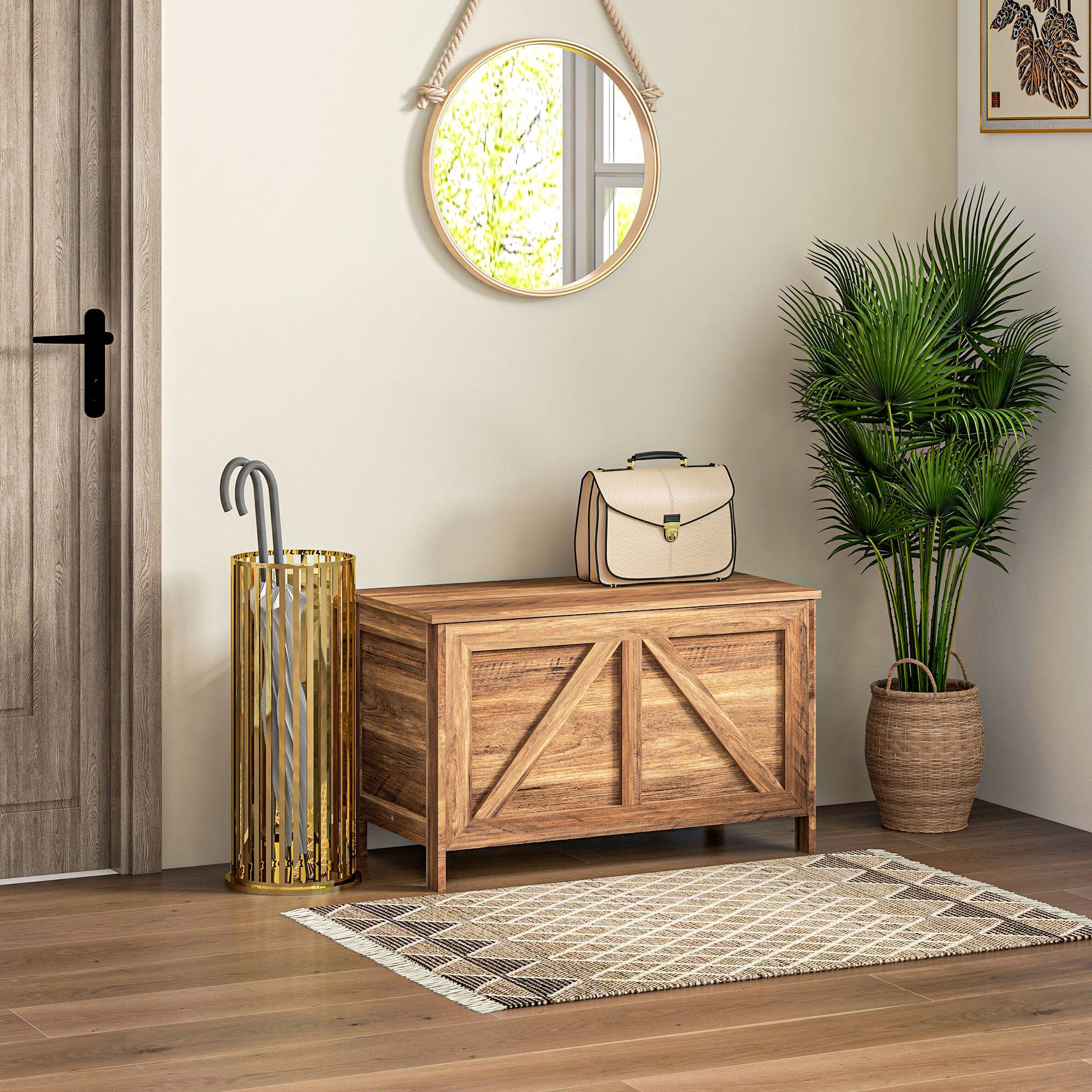 Alt View 1. Homcom - 30" Farmhouse Storage Bench, Lift Top Chest, Safety Hinge, Wooden Trunk, Oak - Brown.