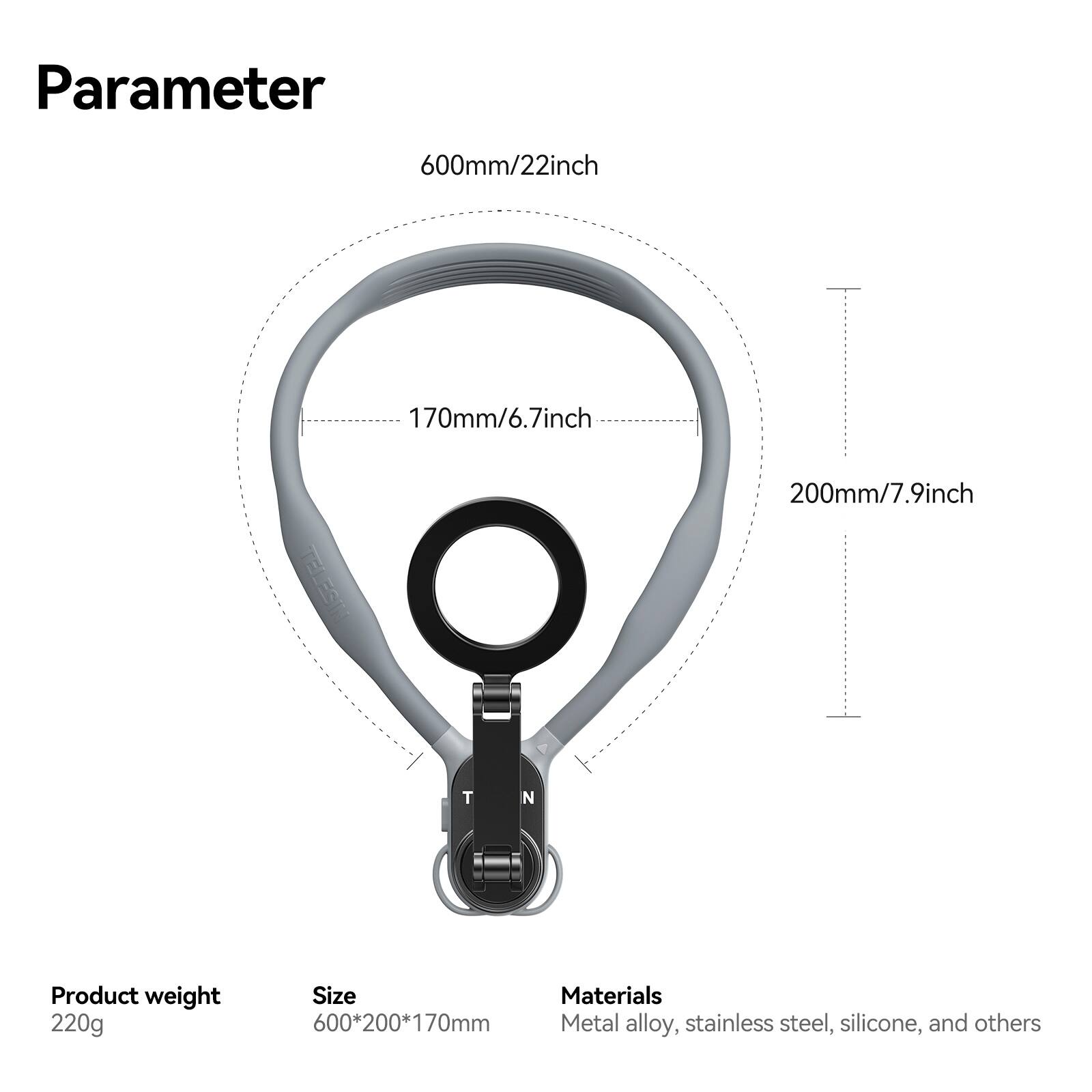 Parameter  
600mm/22inch  
170mm/6.7inch  
200mm/7.9inch  

Product weight: 220g  
Size: 600*200*170mm  
Materials: Metal alloy, stainless steel, silicone, and others