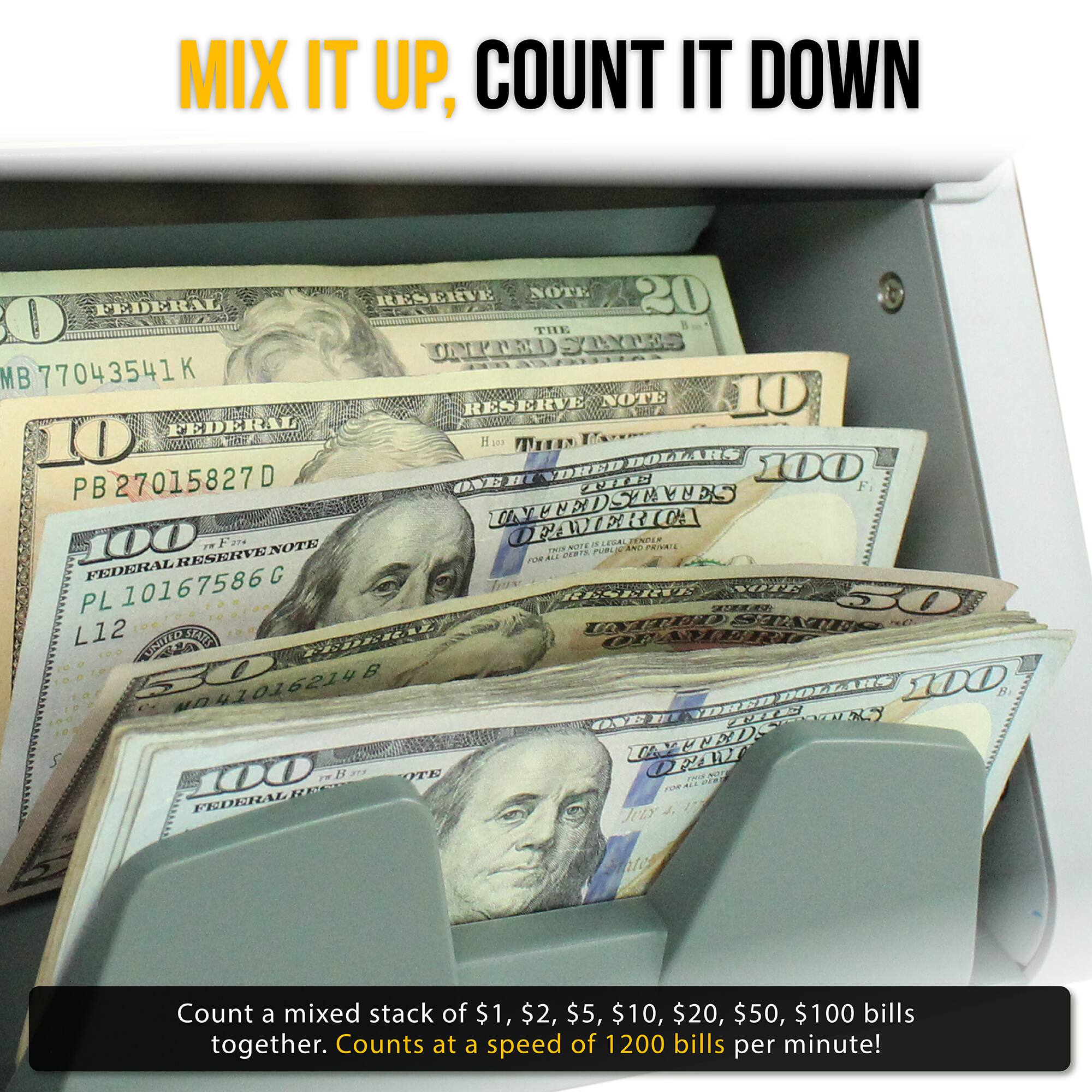 MIX IT UP, COUNT IT DOWN

Count a mixed stack of $1, $2, $5, $10, $20, $50, $100 bills together. Counts at a speed of 1200 bills per minute!