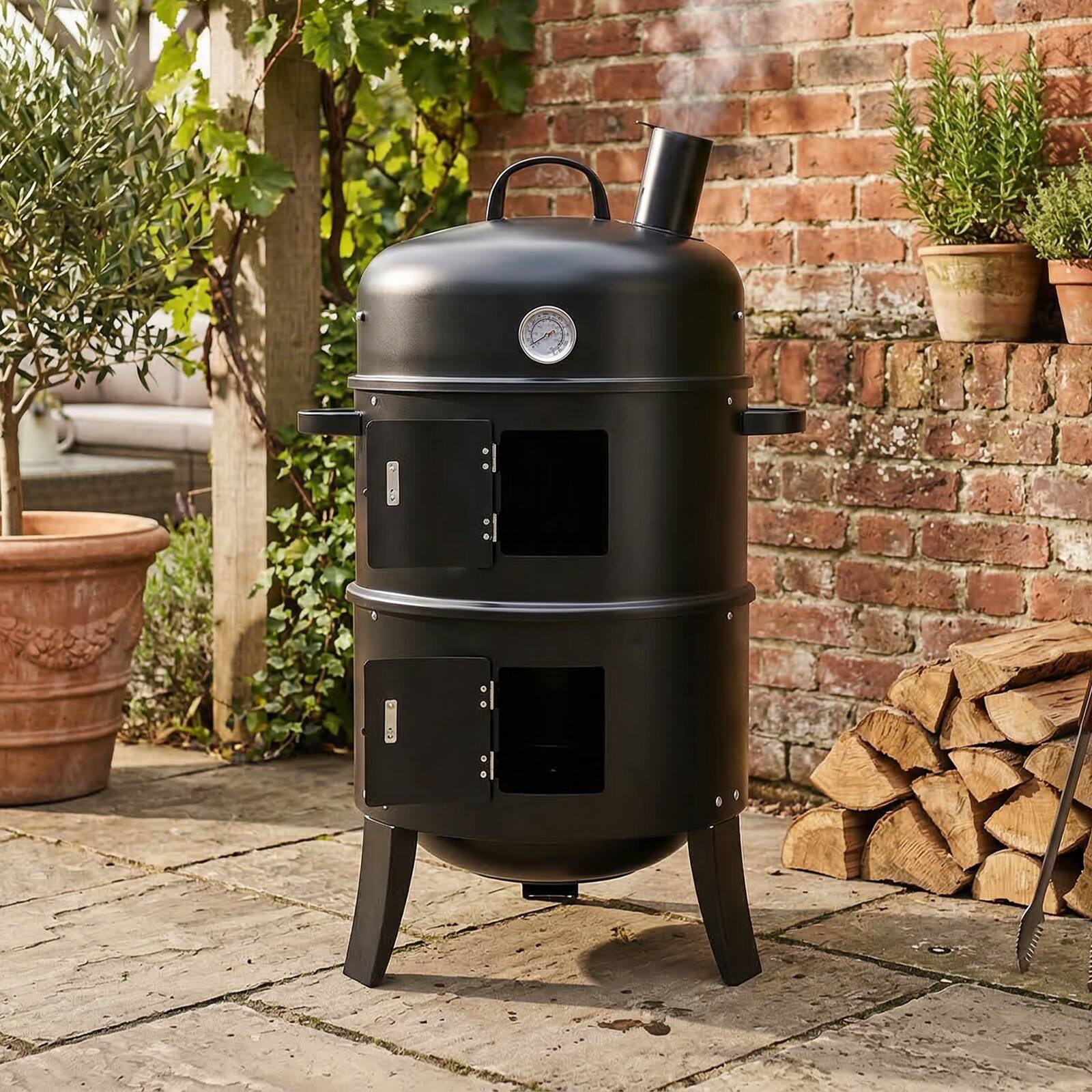 Alt View 8. Winado - 32in 3-in-1 Vertical Charcoal Smoker 2-Layer Charcoal Grill with Thermometer, Chimney for Outdoor Camping Party Cooking - Black.