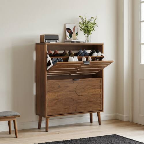 Angle. LUCKY ONE - 31.5in Freestanding Walnut Shoe Cabinet with 2 Flip Drawers Paperclip Groove for Entryway - Walnut.
