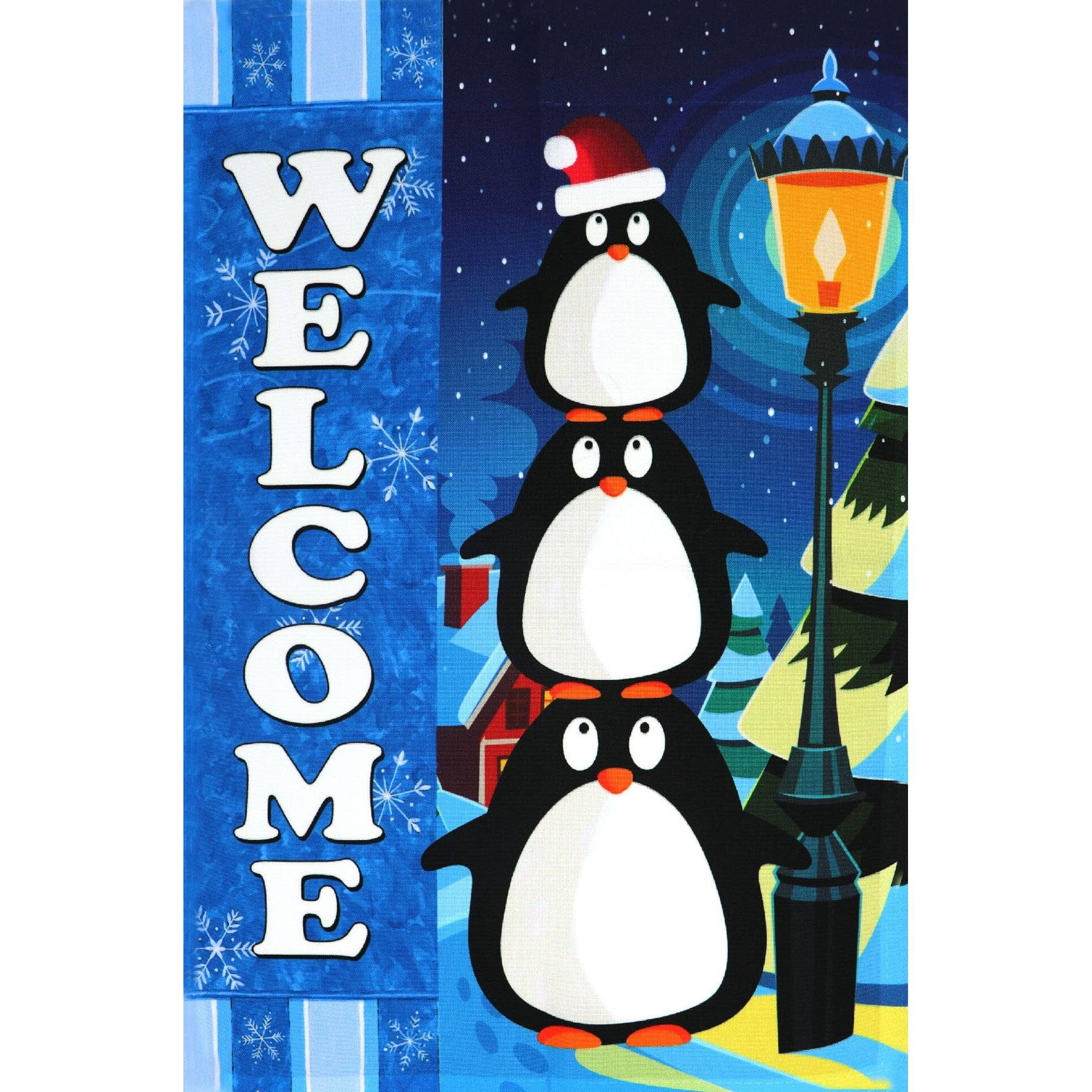 Left. G128 - Christmas Garden Flag Winter Penguins Design, 12 x 18 in Polyester Outdoor Decor - Assorted Colors.