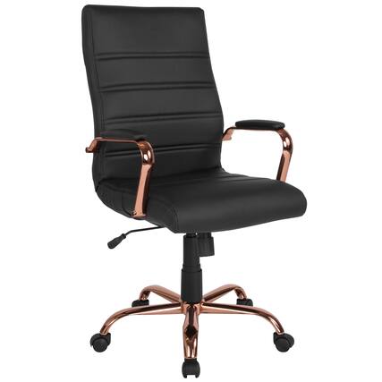 Front. Emma + Oliver - High Back Executive Swivel Office Chair with Metal Frame and Arms - Black LeatherSoft/Rose Gold Frame.