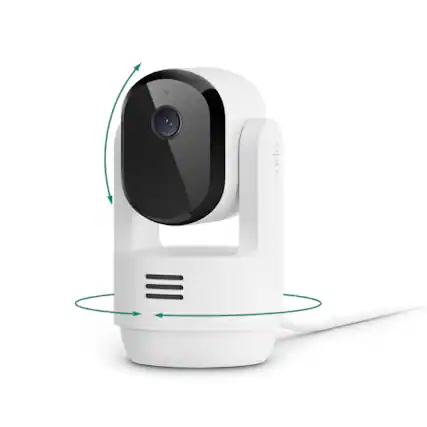 Front. Arlo - Essential Pan Tilt Indoor Security Camera 2K - Wired Plug-In Powered, Privacy Mode, 1-Cam - White.