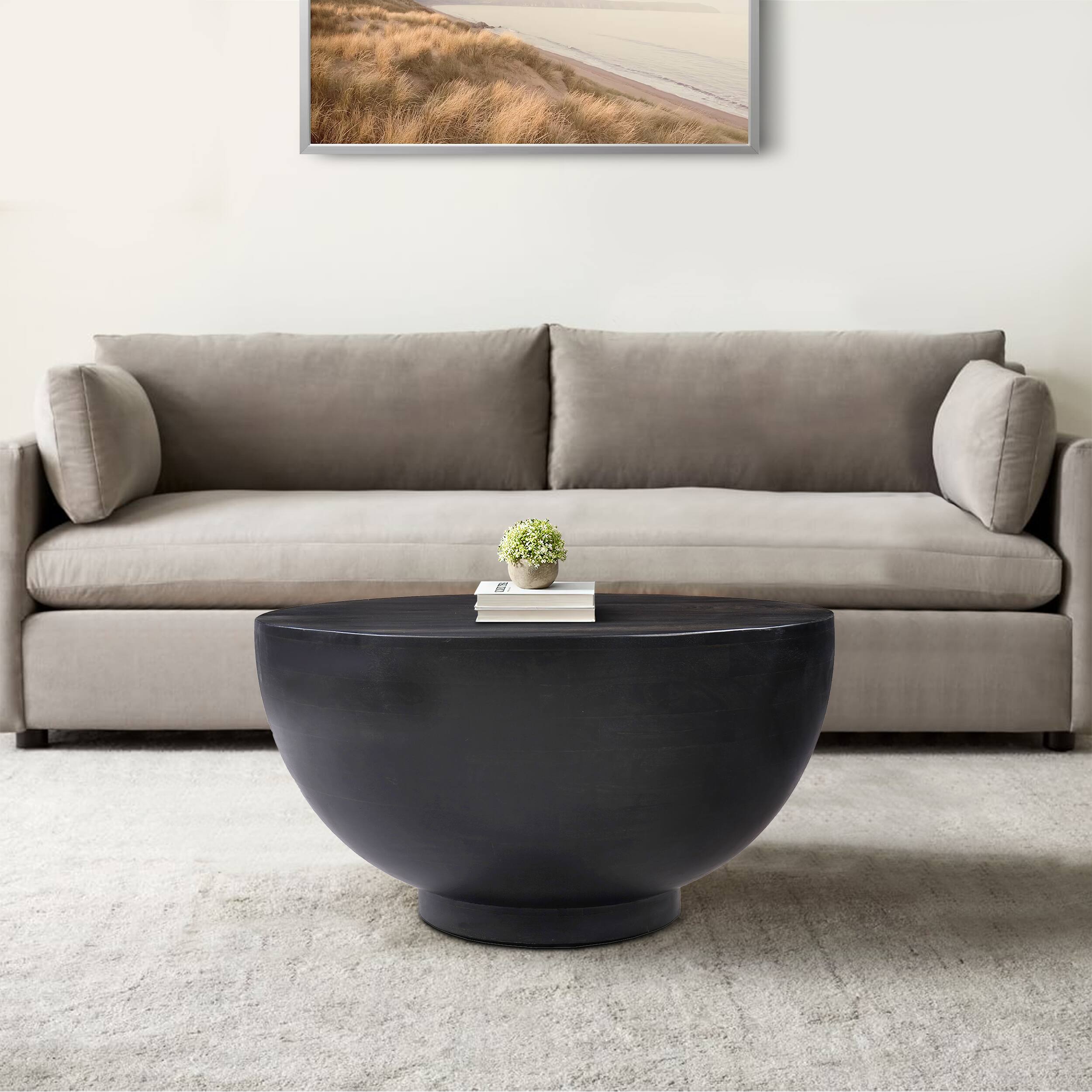 Alt View 8. Manhattan Lane - 30 Inch Modern Art Coffee Table, Round Drum Shape, Solid Mango Wood - Black.