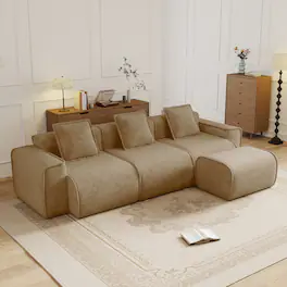 Anysun - Streamlined L-Shape Velvet Sectional Sofa - 3-Seat Boneless Design, No Assembly, Includes Pillows & Ottoman - Brown