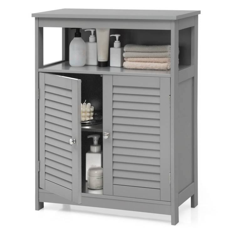 Front. Hivvago - Grey Farmhouse Bathroom Linen Cabinet with Louvered Doors and Open Shelf - Grey.
