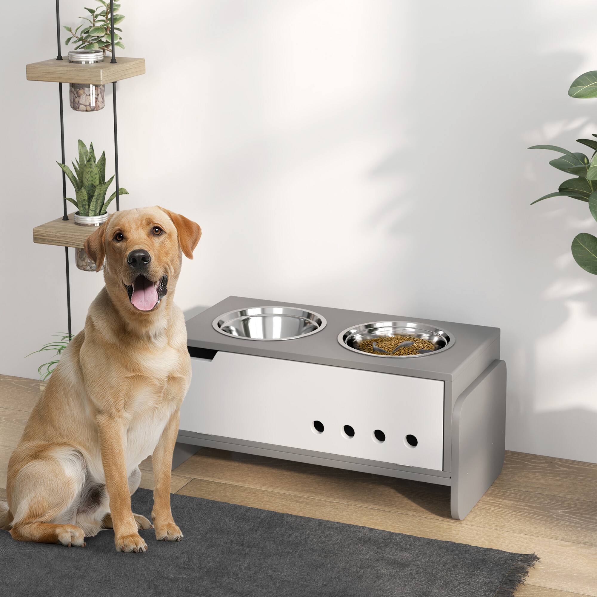 Angle. Pawhut - Elevated Bowls, 3 Adjustable Raised Dog Bowls, Food Bowls, Storage Cabinet, for Medium to Extra Large Dogs - Gray.