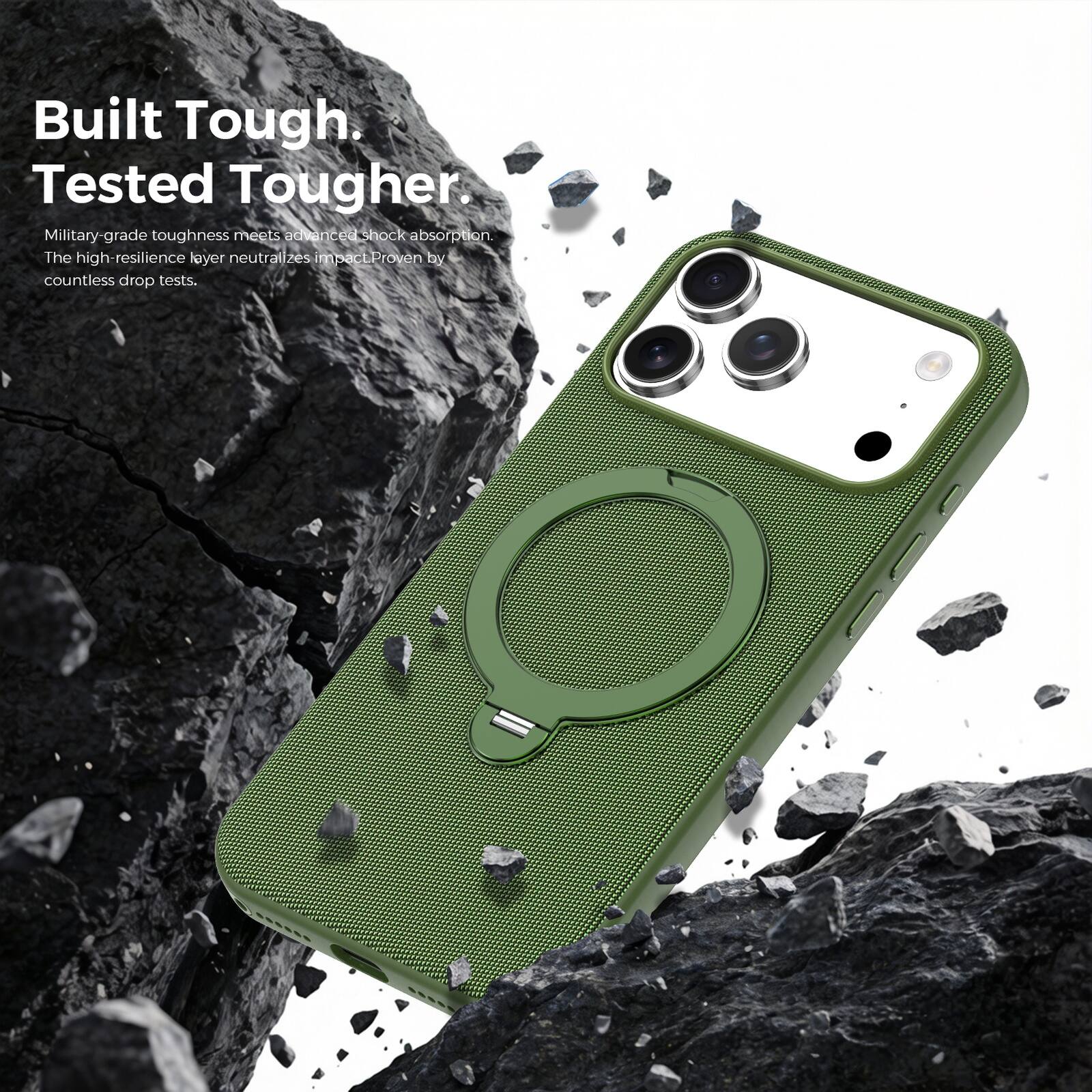 Built Tough.  
Tested Tougher.  

Military-grade toughness meets advanced shock absorption.  
The high-resilience layer neutralizes impact. Proven by countless drop tests.