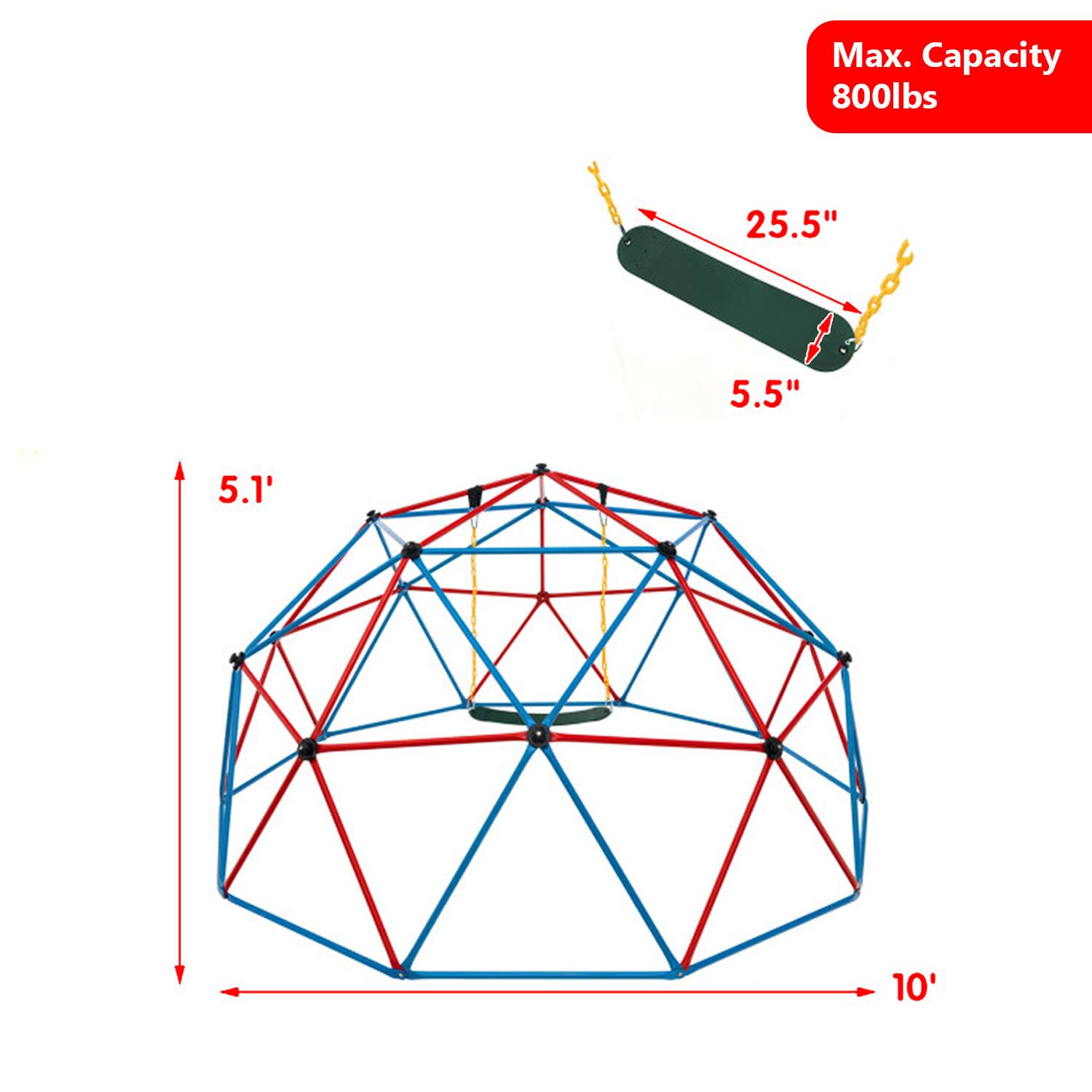 Max. Capacity 800lbs  
25.5"  
5.5"  
5.1'  
10'