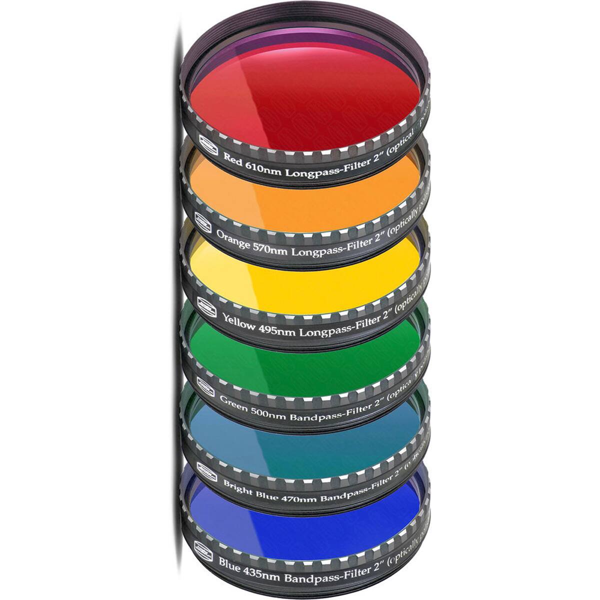 2" (optical) Red 610nm Longpass-Filter  
2" (optically) Orange 570nm Longpass-Filter  
2" (optically) Yellow 495nm Longpass-Filter  
2" (optics) Green 500nm Bandpass-Filter  
2" (optically) Bright Blue 470nm Bandpass-Filter  
2" (optically) Blue 435nm Bandpass-Filter