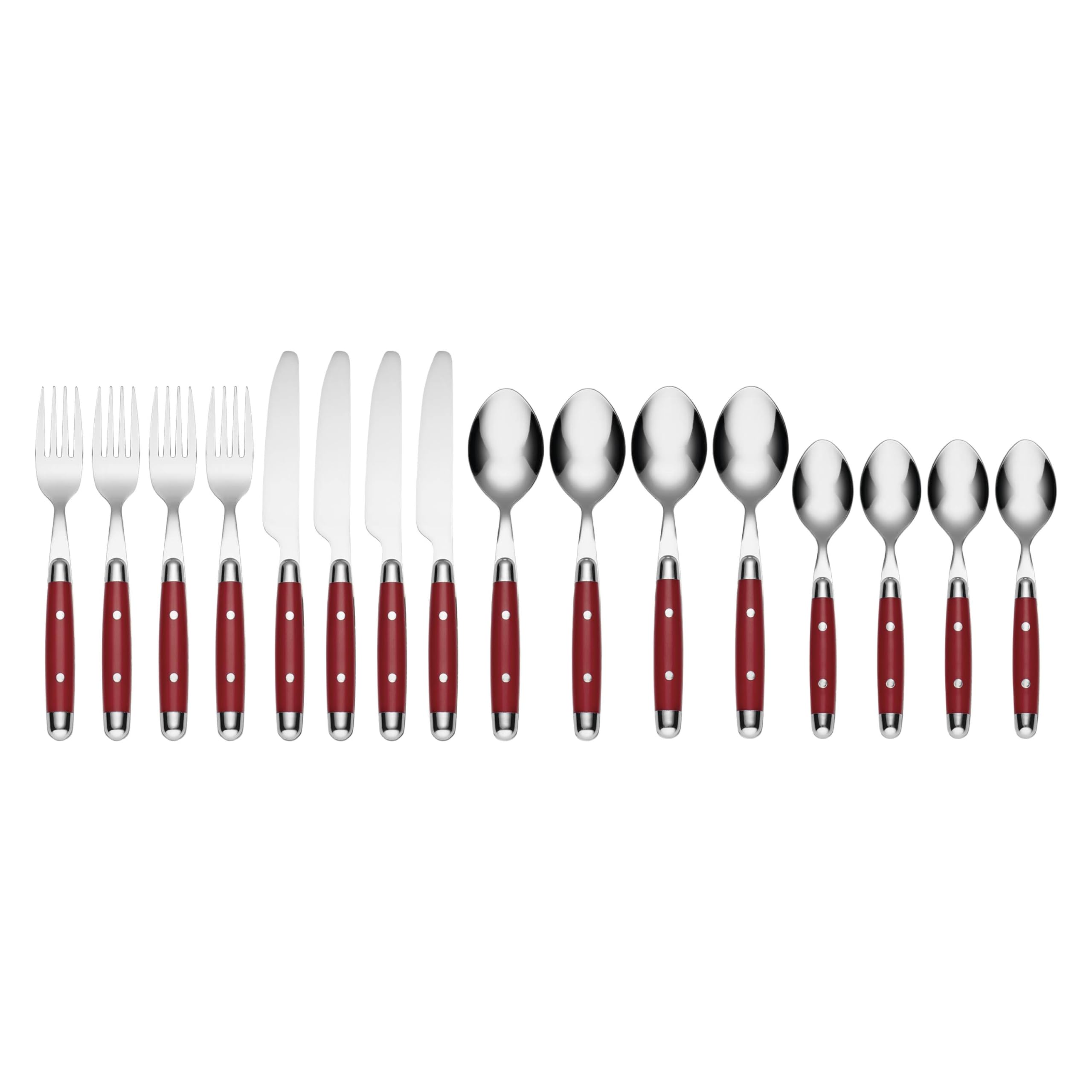 Angle. Dazzed Corner - Silverware Set, 16-Piece Flatware Set, Service for 4, 18/0 Stainless Steel, Dishwasher Safe - Red.