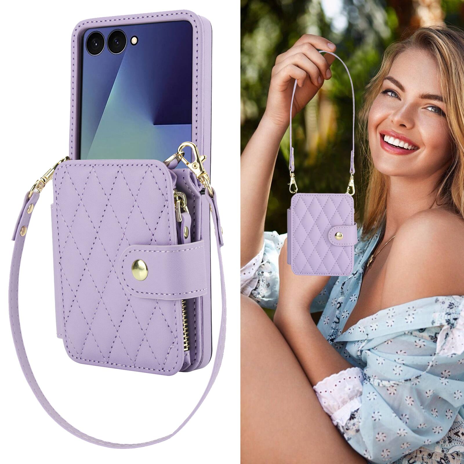 Left. Dteck - Crossbody Quilted PU Leather Wallet Case for Samsung Galaxy Z Flip7,Shock-absorbent RFID Card Pocket Back Cover+Strap - Lightpurple.