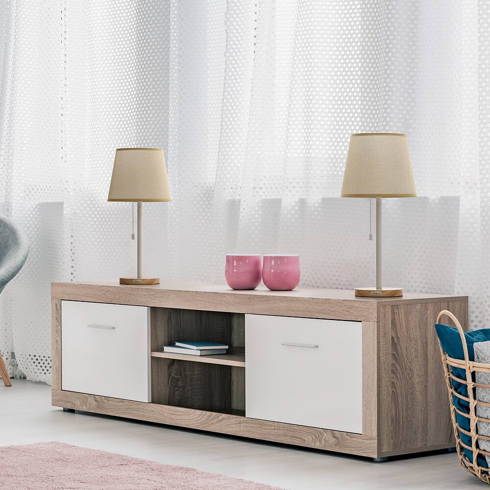 Alt View 2. Oumilen - Wooden Base Table Lamp with Beige Fabric Shade, Pull Chain Switch & UL Plug.