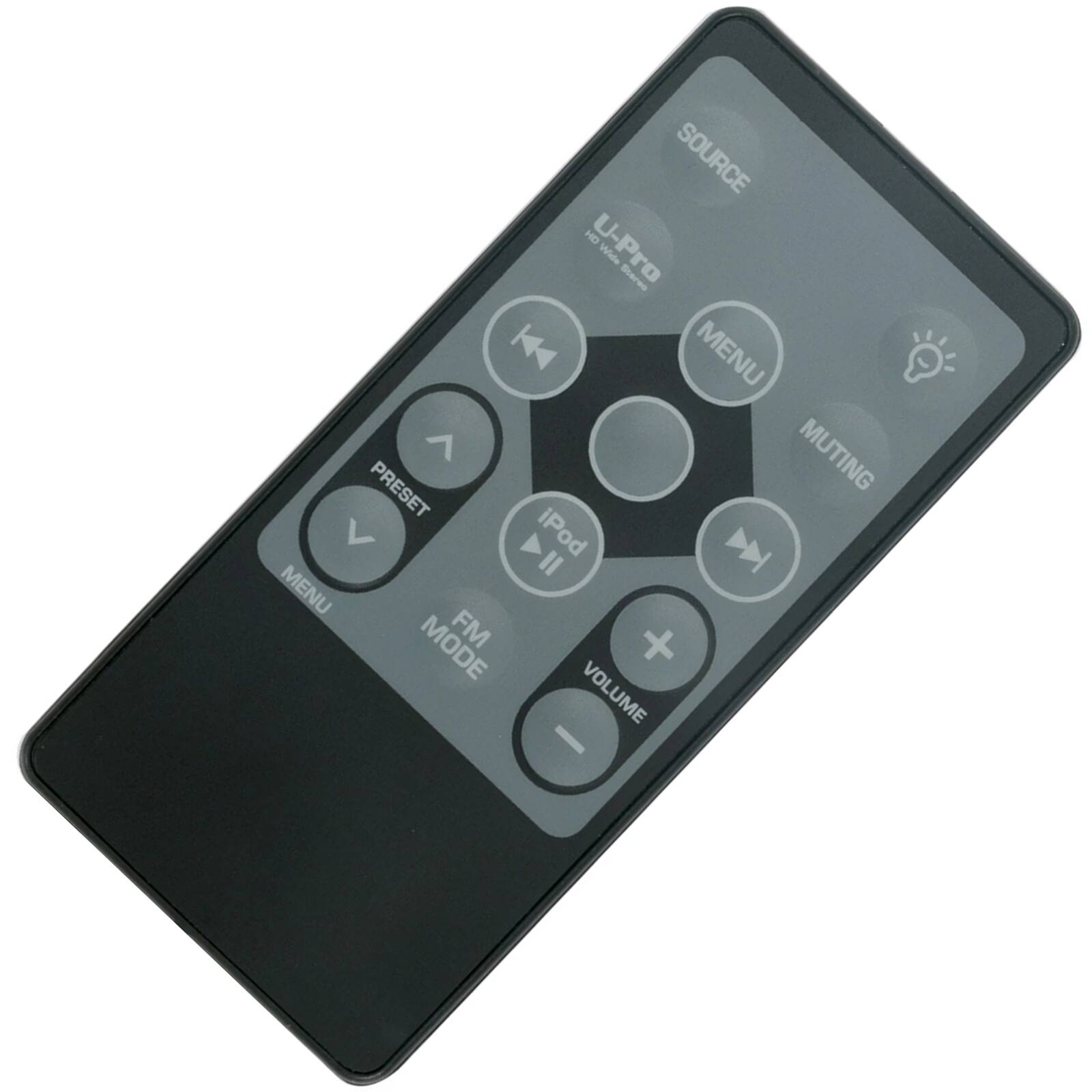 Sure, here is the corrected and grouped text from the image:

- **SOURCE**
- **U-Pro**
- **HD Wide Stereo**
- **MENU**
- **MUTING**
- **VOLUME**
- **FM MODE**
- **PRESET**
- **iPod**