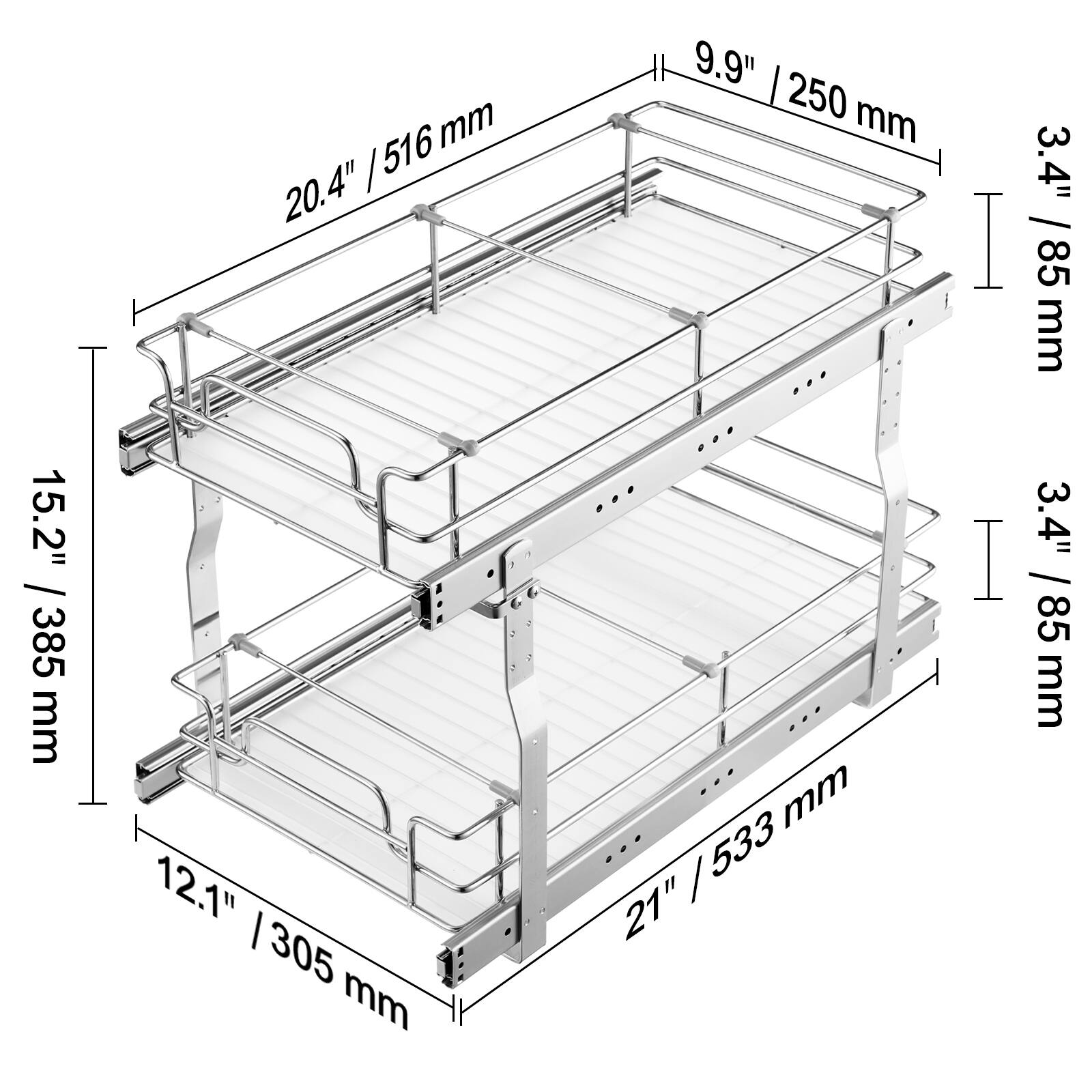 Here is the corrected and grouped text from the image:

- 516 mm / 20.4"
- 9.9" / 250 mm
- 3.4" / 85 mm
- 385 mm / 15.2"
- 305 mm / 12.1"
- 533 mm / 21"