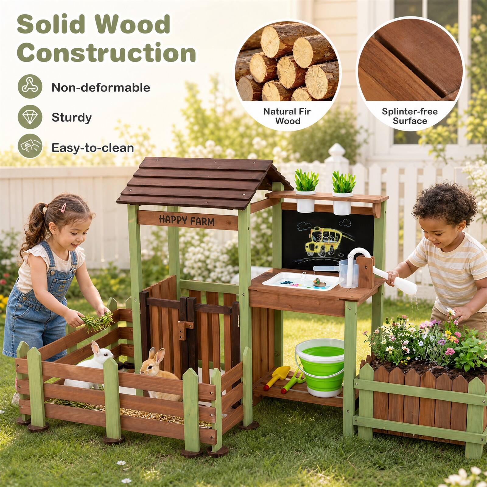 Solid Wood Construction  
- Non-deformable  
- Sturdy  
- Easy-to-clean  
- Natural Fir Wood  
- Splinter-free Surface  
- HAPPY FARM