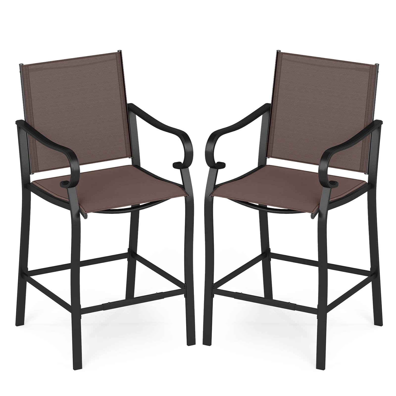 Front. Gymax - Gymax Outdoor Counter Height Bar Stools Set of 2 w/ Back Armrest & Footrest - Brown, Black.