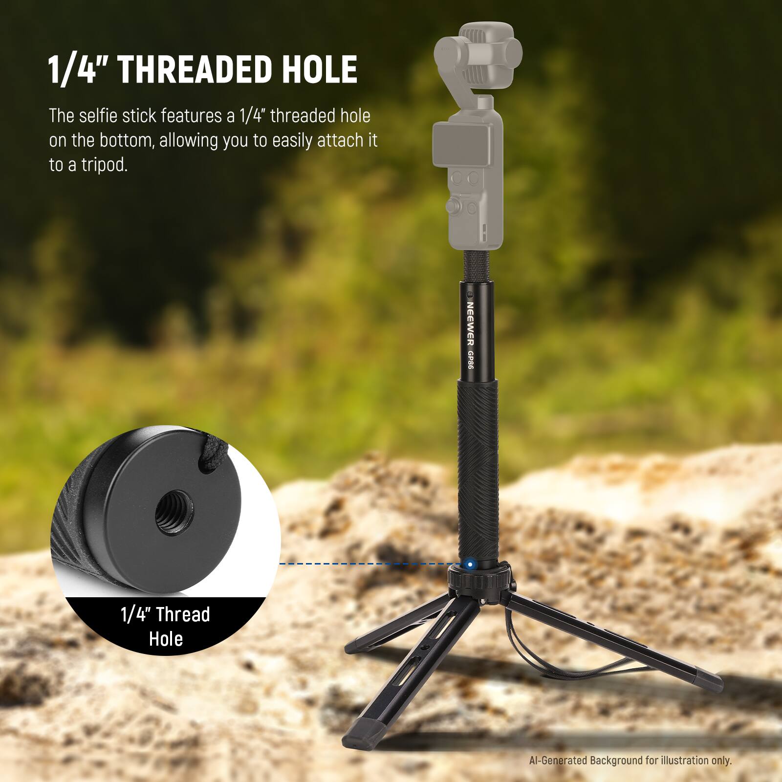 1/4" THREADED HOLE

The selfie stick features a 1/4" threaded hole on the bottom, allowing you to easily attach it to a tripod.

NECWER GPB6

1/4" Thread Hole

Al-Generated Background for illustration only.