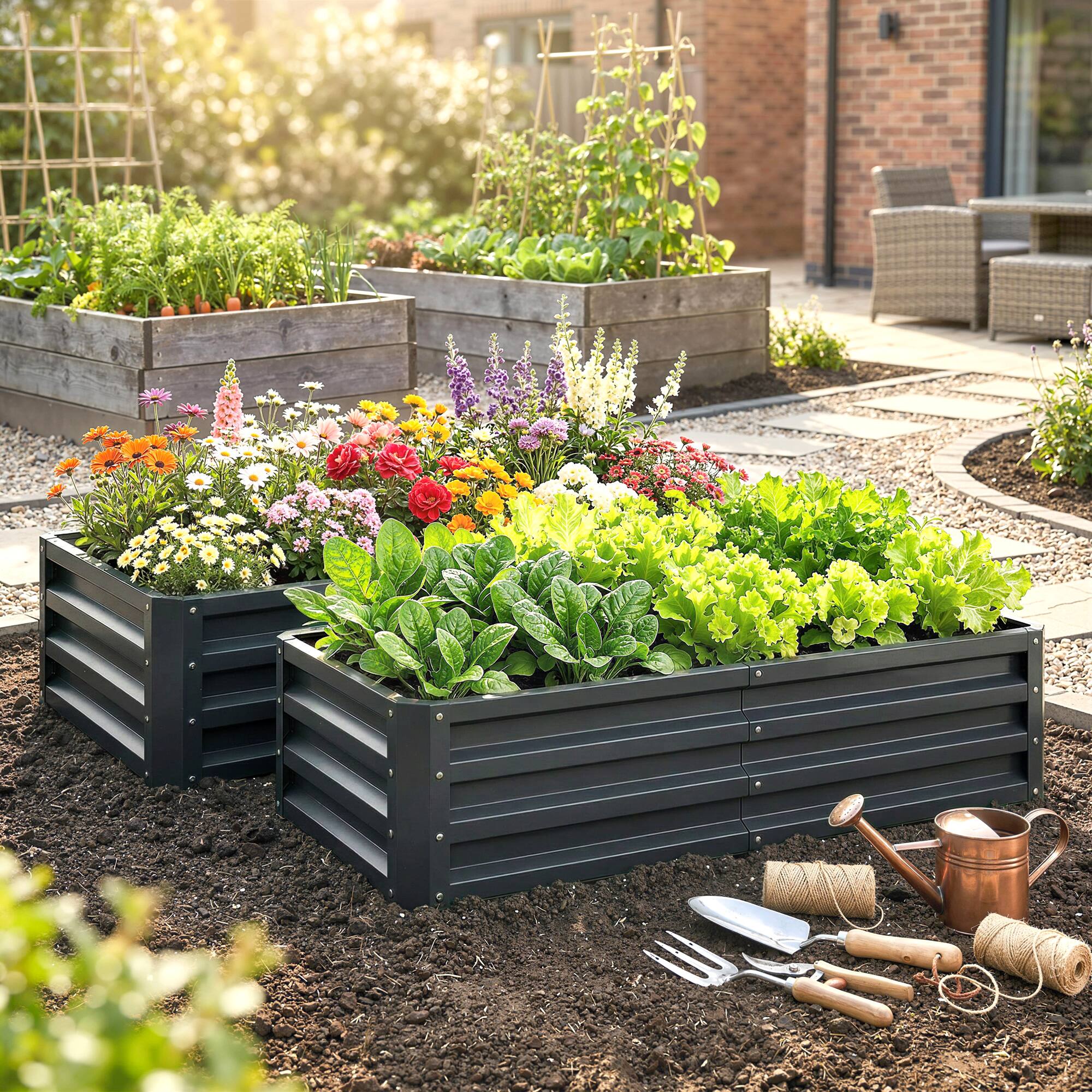 Alt View 1. Outsunny - Raised Garden Bed, 4' x 2' x 1' Metal Planter Box, for Growing Vegetables, Flowers, Herbs - Gray.