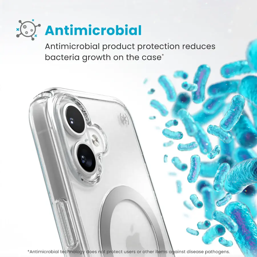 Antimicrobial product protection reduces bacteria growth on the case. Antimicrobial technology does not protect users from disease pathogens.