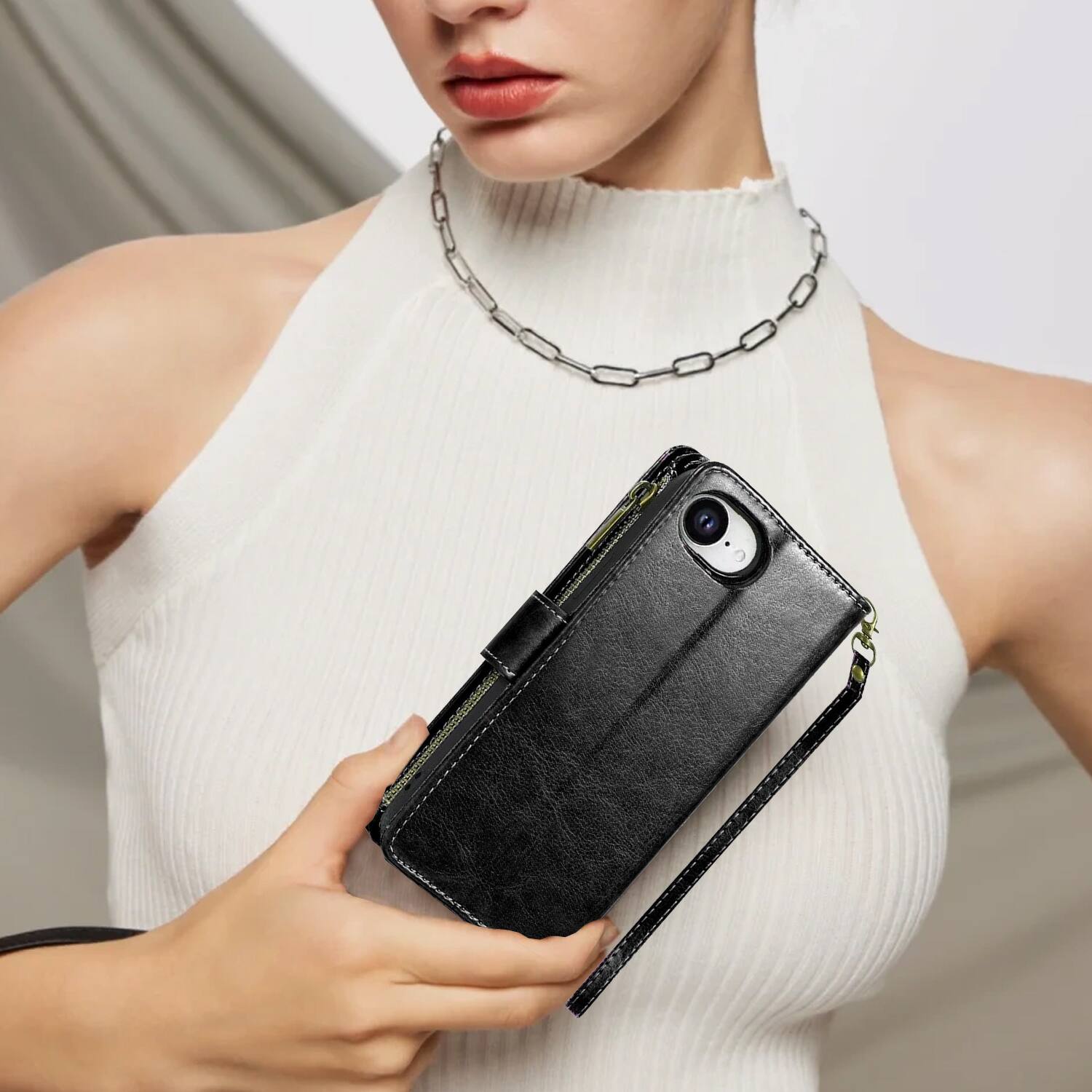 Alt View 7. Equipd - Phone Case for Apple iPhone 17e / iPhone 16e, Luxury Wallet Card ID Zipper Money Holder Cover (Black) - Black.