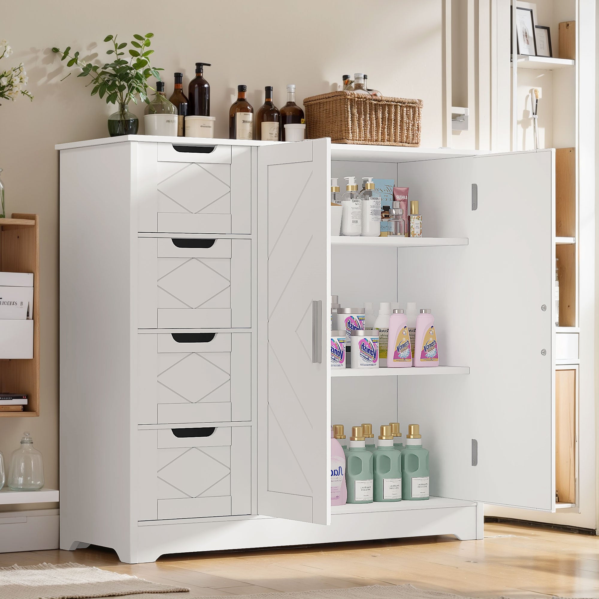 Vecelo - Freestanding Storage Cabinet with Drawers and Doors, Floor Storage Cabinet with Adjustable Shelf - White