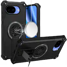 Front. Kitcheniva - Rugged Magnetic Circle Pop-Out Stand Plus Tempered Glass For Google Pixel 10a Case Black - Black.