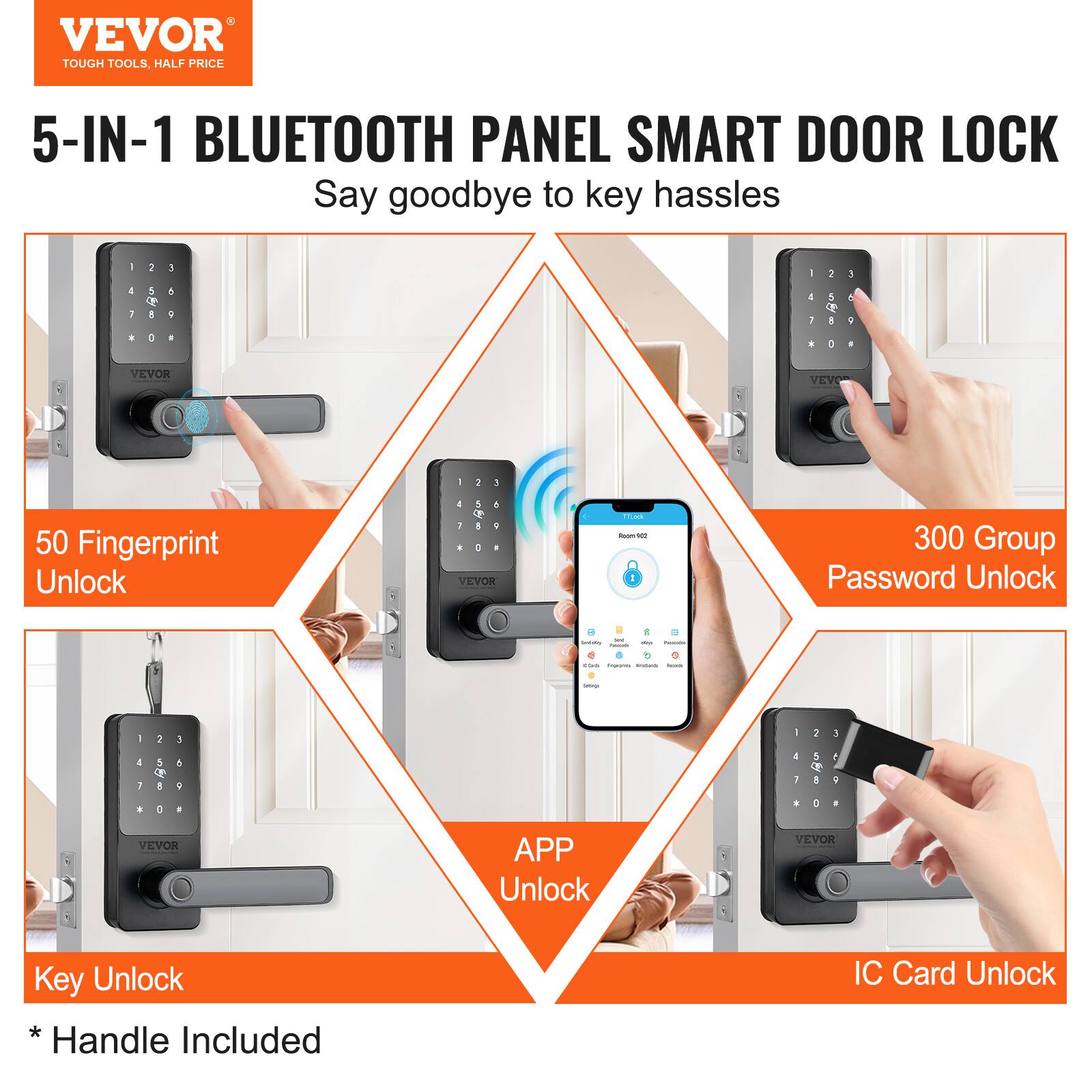 VEVOR TOUGH TOOLS, HALF PRICE 5-IN-1 BLUETOOTH PANEL SMART DOOR LOCK Say goodbye to key hassles

50 Fingerprint Unlock
300 Group Password Unlock
APP Unlock
Key Unlock
IC Card Unlock
*Handle Included