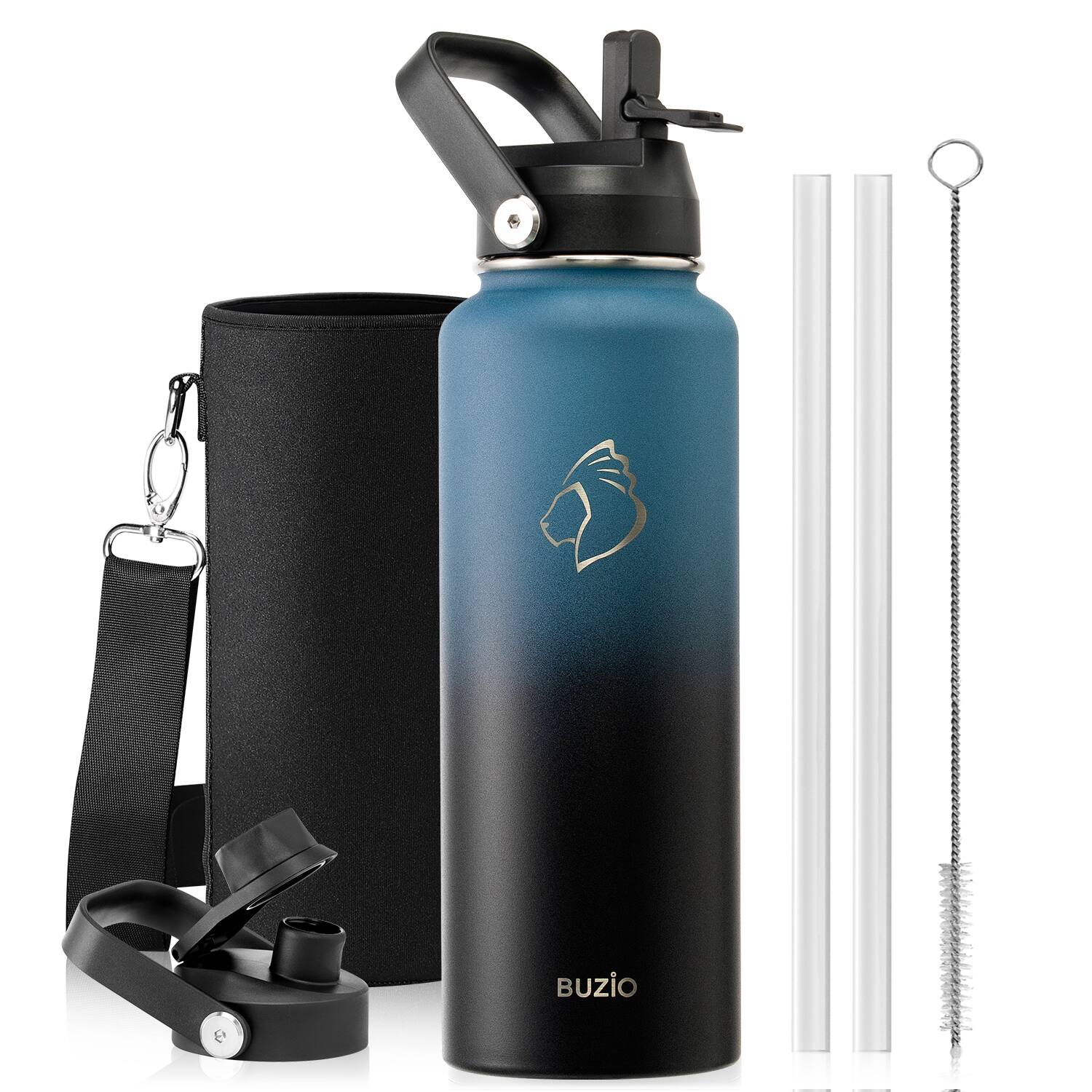 Buzio - Duet Series - 40oz Insulated Water Bottle with Straw Lid and Spout Lid & Carrying Sleeve - Indigo Crush