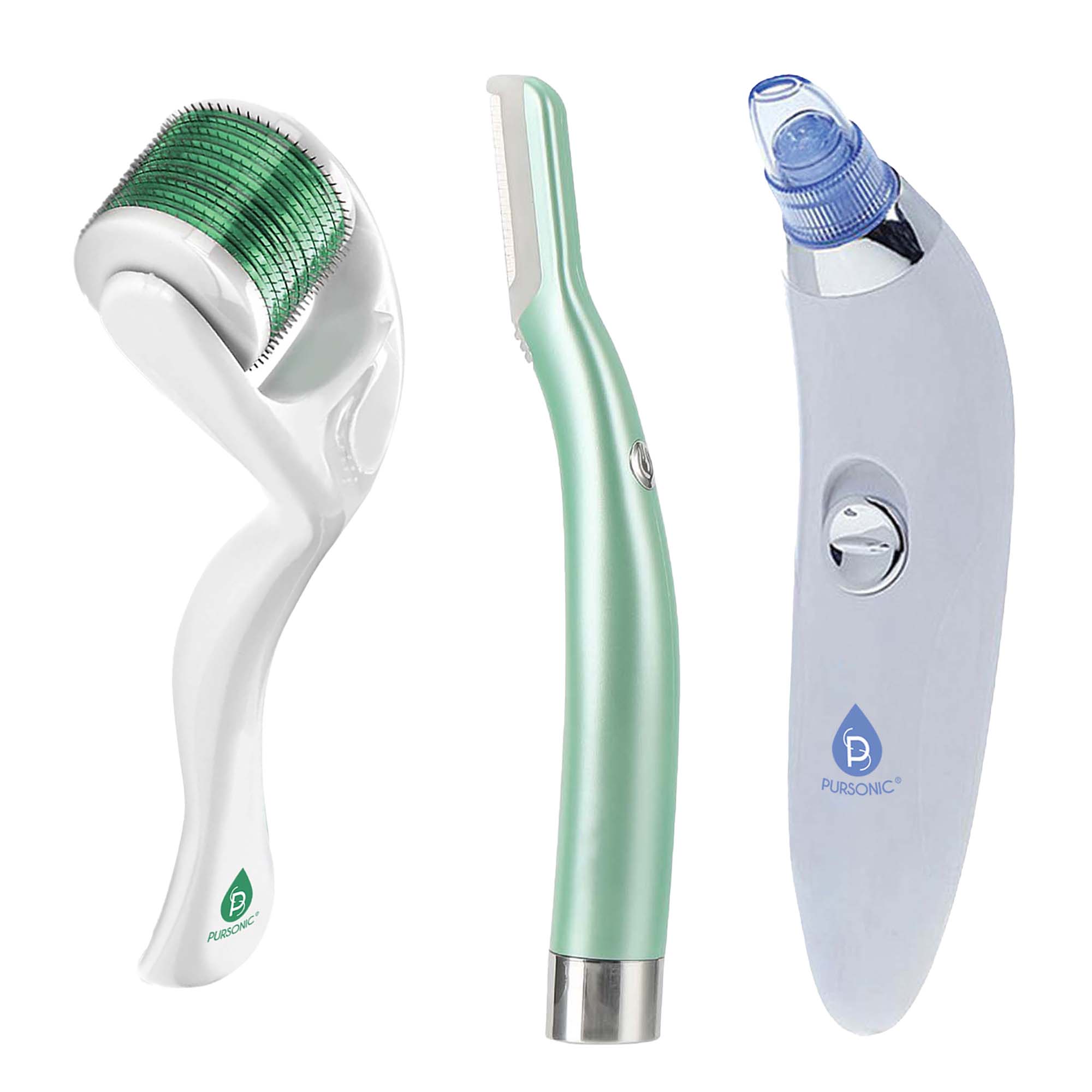 Pursonic - Ultimate Skin Rejuvenation Kit: Dermaplaning Tool + Pore Vacuum + Derma Roller - Multicolor