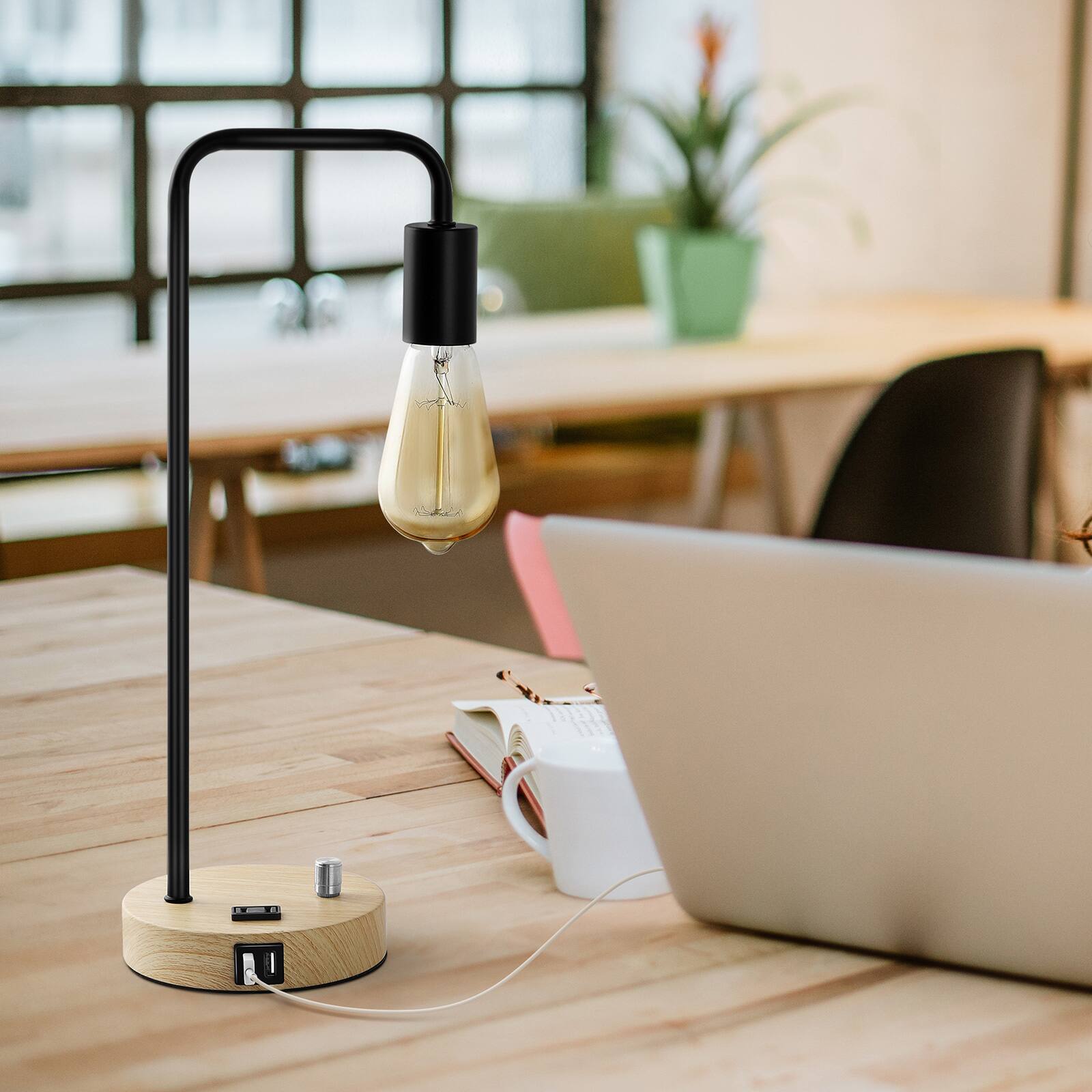 Alt View 3. Oumilen - Industrial Table Lamp with Dual USB Port and AC Outlet, Vintage Ideal Desk Lamp.