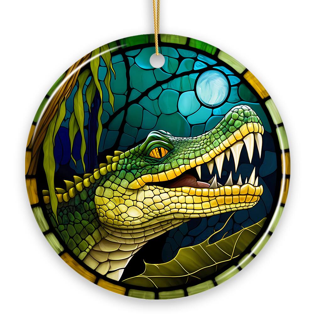 Front. OrnamentallyYou - Artistic Wetlands Alligator Ceramic Ornament Stained Glass Theme Nature Art of Swamp Animal - Multi-colored.