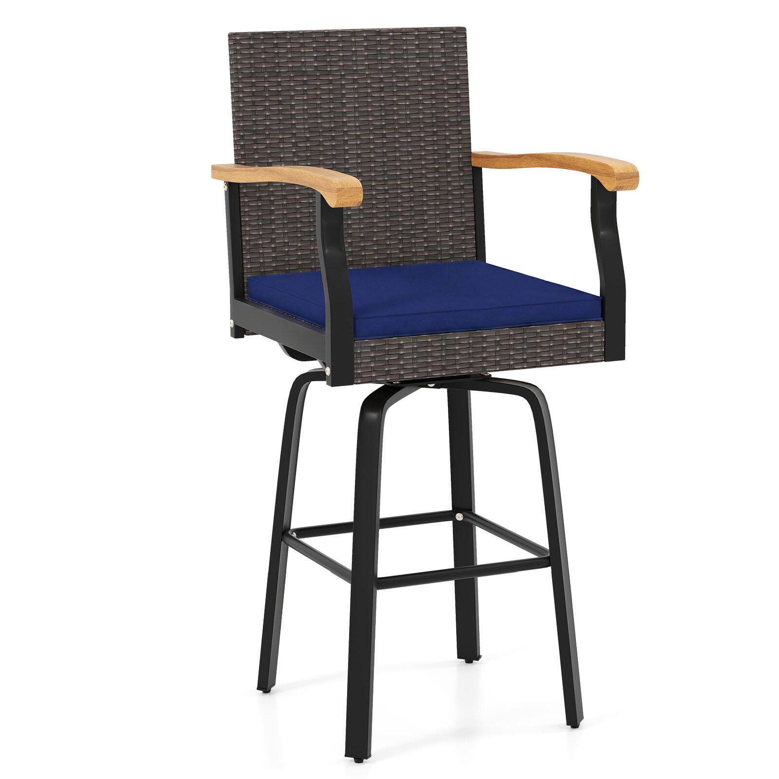 Alt View 9. Gymax - Gymax 29'' Outdoor 360-Degree Swivel Bar Stool w/Cushion & Acacia Wood Armrests Footrest Mix Brown & Navy - Brown.