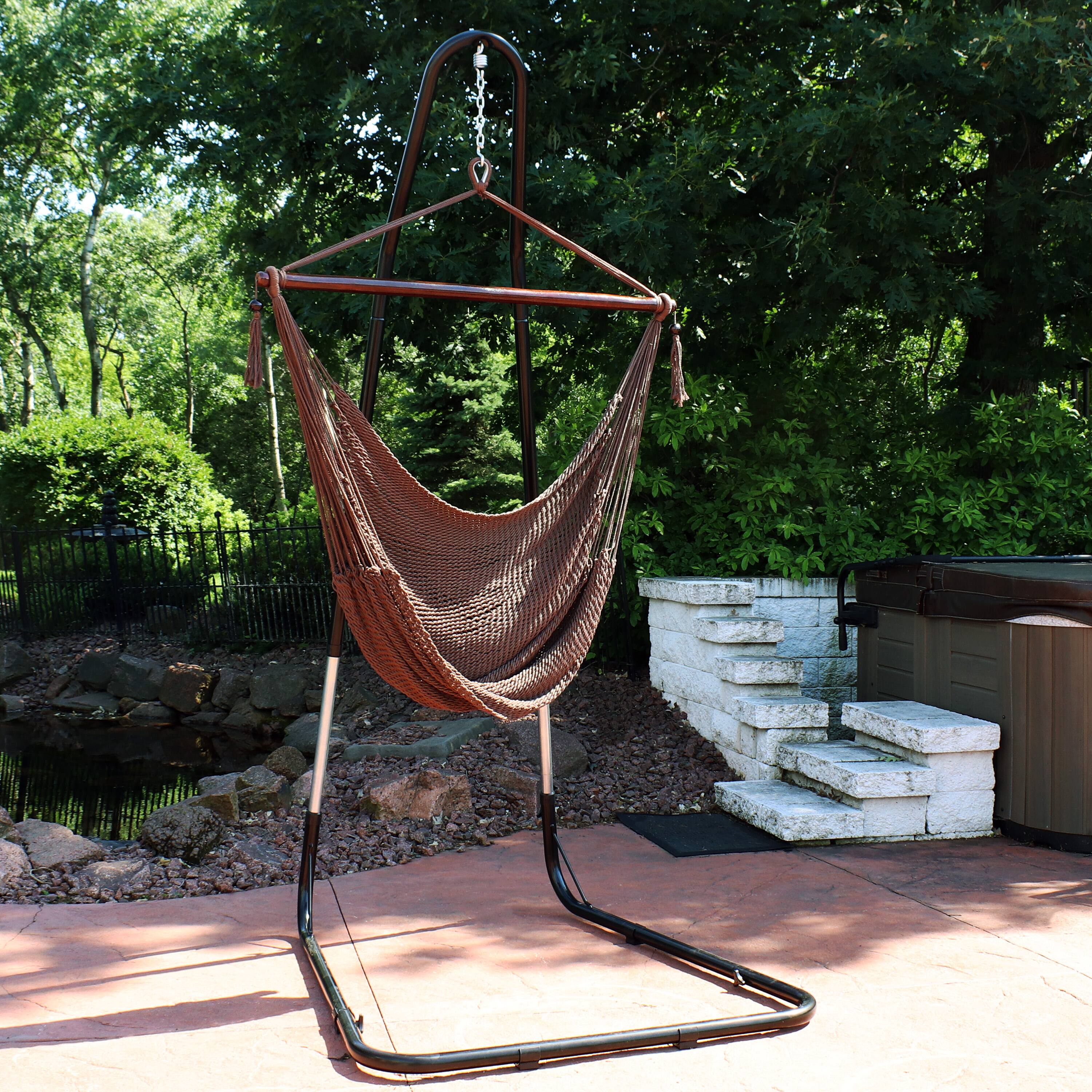 Alt View 2. Sunnydaze - Extra Large Rope Hammock Chair with Adjustable Stand - Mocha.