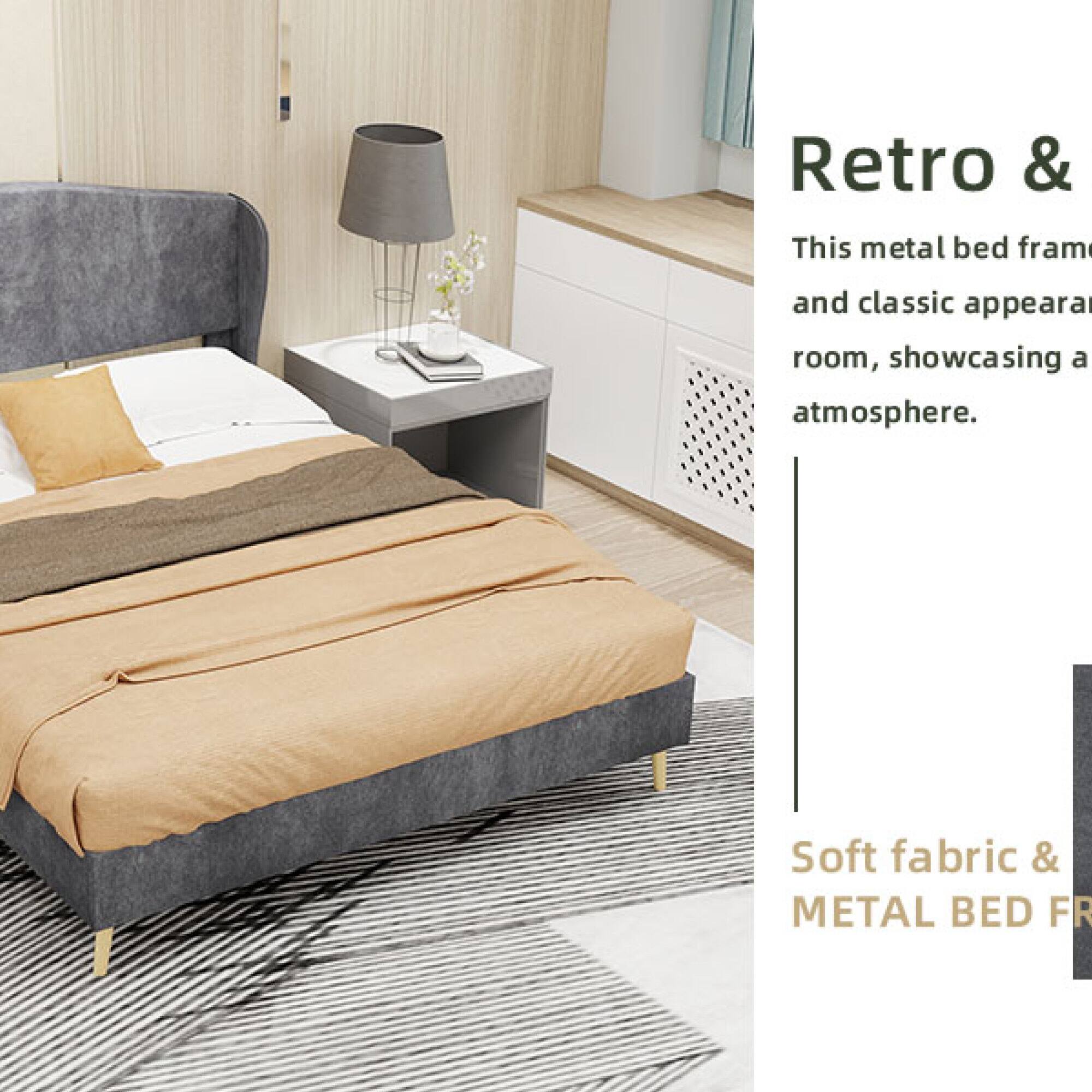 Retro & This metal bed frame and classic appearance room, showcasing a soft fabric & metal bed frame atmosphere.