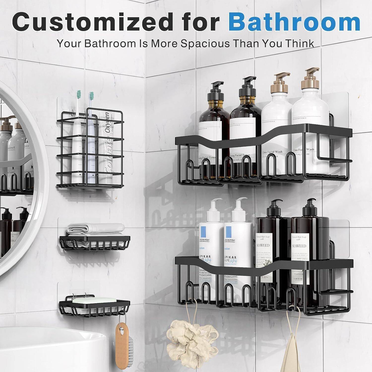 Left. Mirfee - 5-Pack Adhesive Shower Caddy, Rustproof Stainless Steel No-Drill Bathroom Shelves - Black.