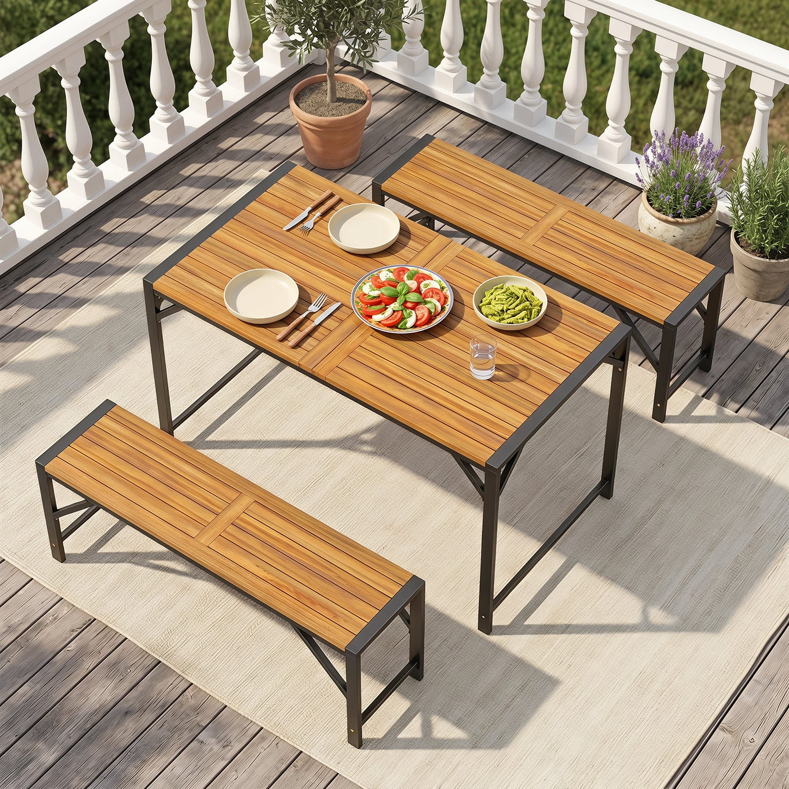 Costway - 3PCS Acacia Wood Patio Dining Set with Umbrella Hole, 2 Backless Benches - Natural & Black price history on PriceWatchPro