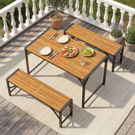 Costway - 3PCS Acacia Wood Patio Dining Set with Umbrella Hole, 2 Backless Benches - Natural & Black